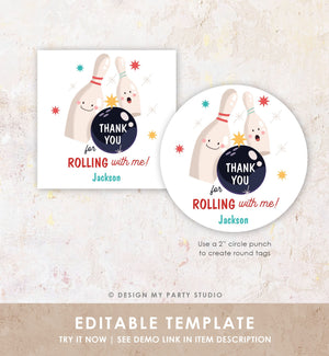 Editable Bowling Favor tag Bowling Party Boy Bowling Thank you tag Label Sticker Rolling With Me Labels Bowling Birthday Template Corjl 0505