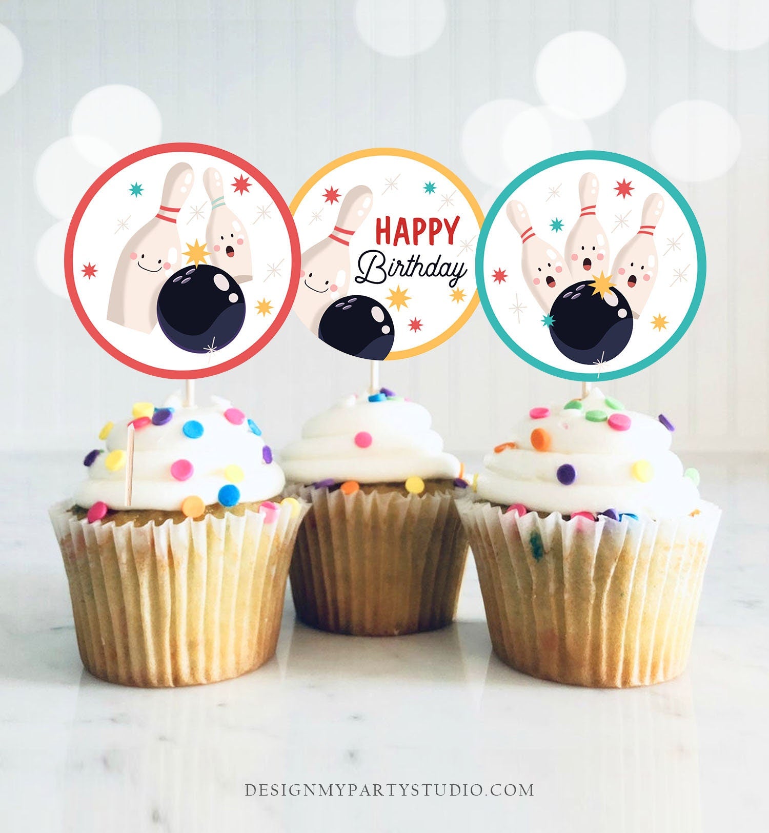 Bowling Party Cupcake Toppers Bowling Birthday Party Decorations Boy Stickers Tags Strike Up Some Fun Download Digital PRINTABLE 0505