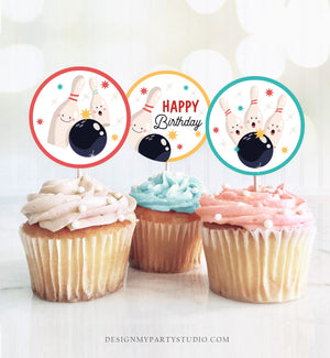 Bowling Party Cupcake Toppers Bowling Birthday Party Decorations Boy Stickers Tags Strike Up Some Fun Download Digital PRINTABLE 0505