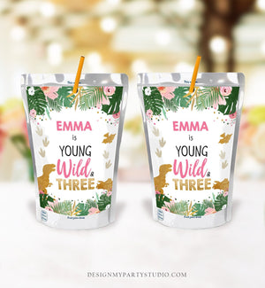 Editable Dinosaur Capri Sun Labels Juice Pouch Labels Gold Dino Girl Birthday T-Rex Young Wild Three Download Corjl Template Printable 0146