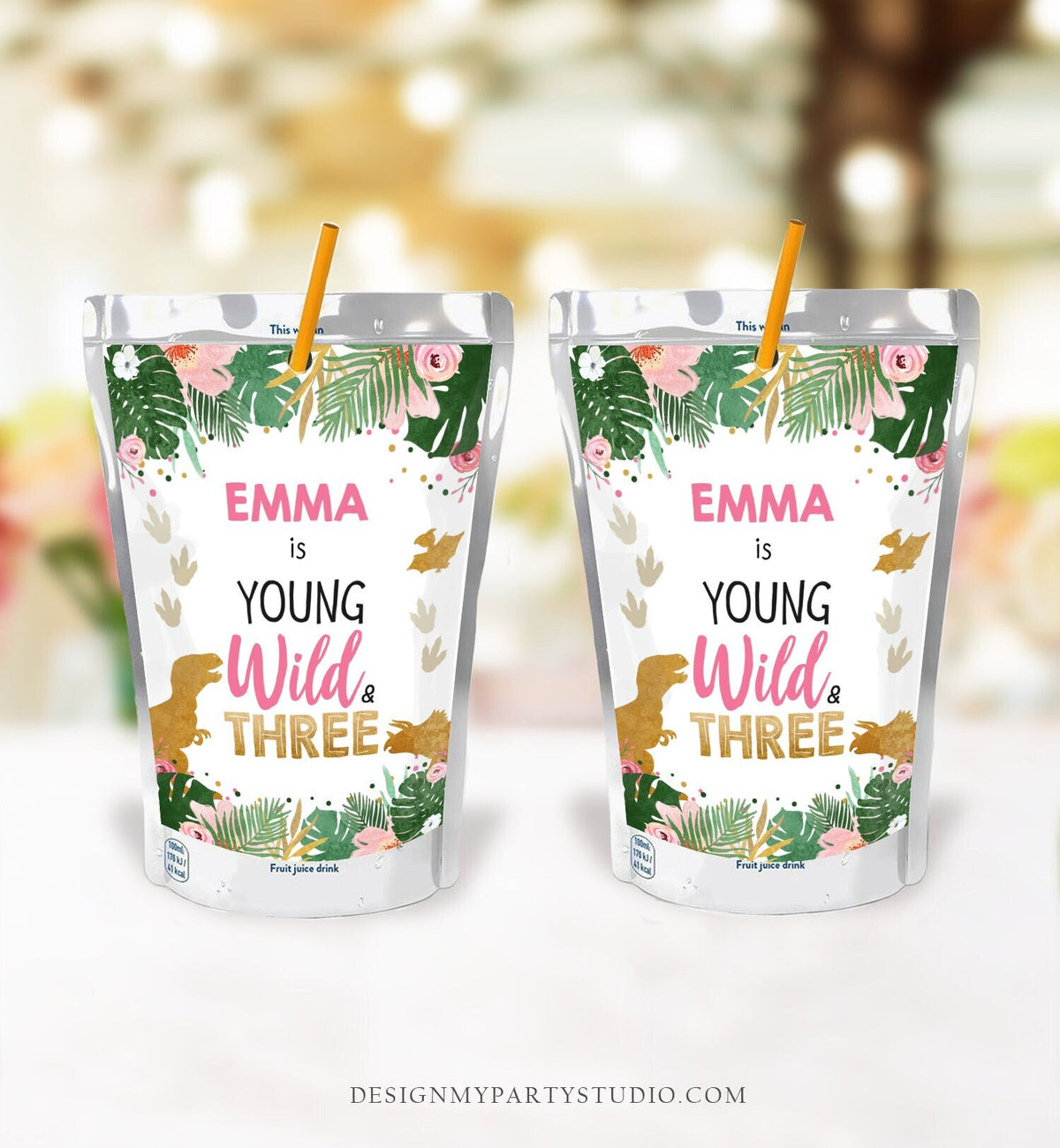 Editable Dinosaur Juice Pouch Label Juice Favors Gold Dino Girl Birthday T-Rex Young Wild Three Digital Download Template Printable 0146