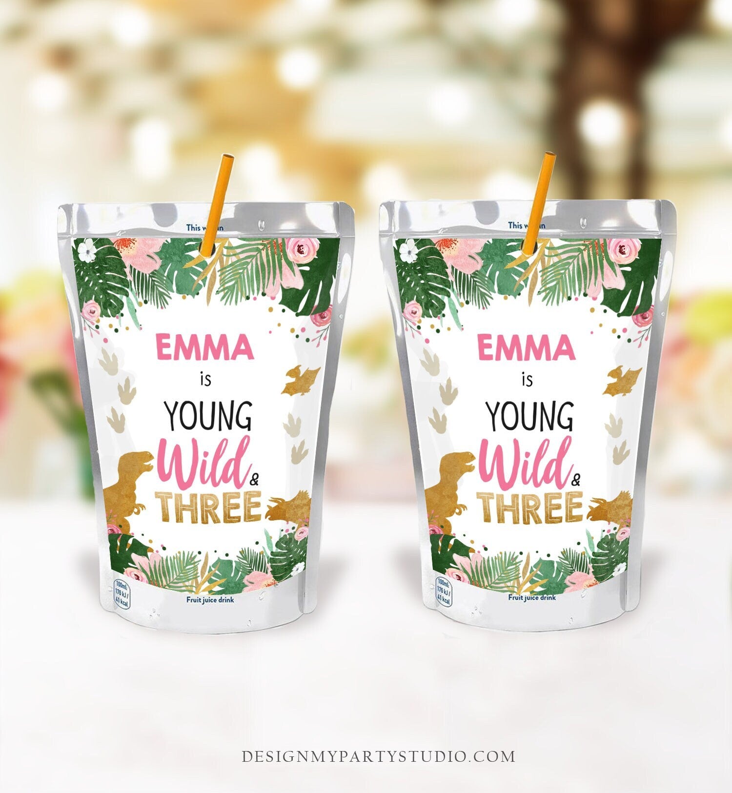 Editable Dinosaur Juice Pouch Label Juice Favors Gold Dino Girl Birthday T-Rex Young Wild Three Digital Download Template Printable 0146