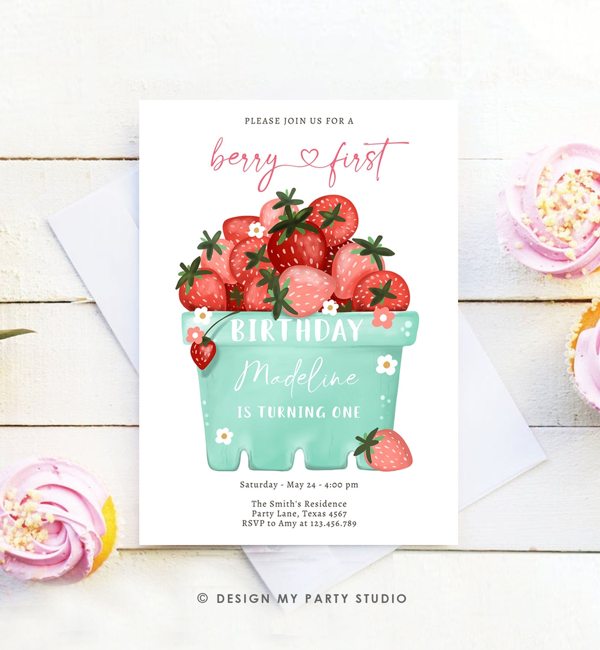 Editable Strawberry Birthday Invitation First Birthday Berry Sweet Girl Cute Strawberries 1st Digital Download Evite Template Printable 0506