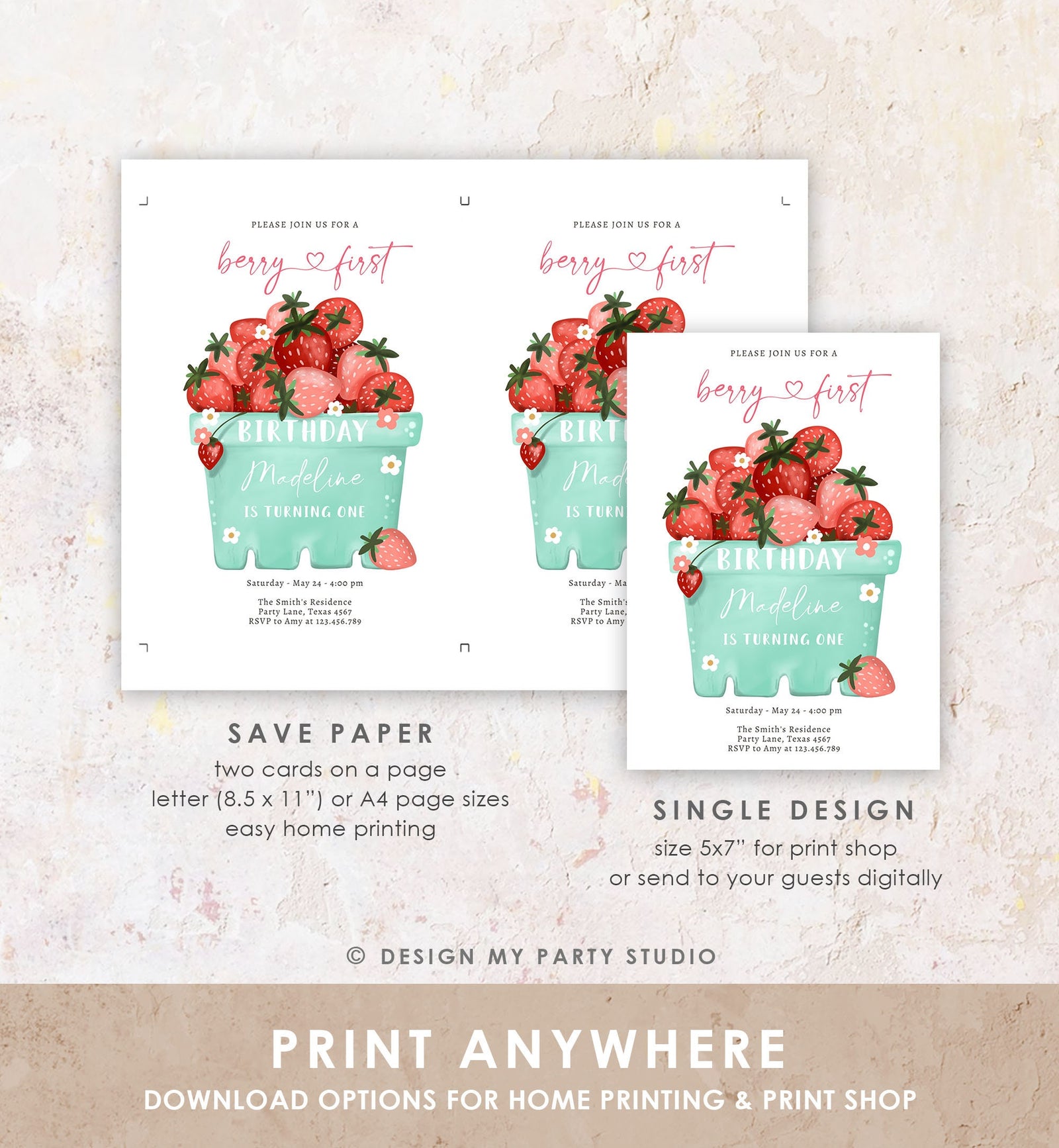Editable Strawberry Birthday Invitation First Birthday Berry Sweet Girl Cute Strawberries 1st Digital Download Evite Template Printable 0506