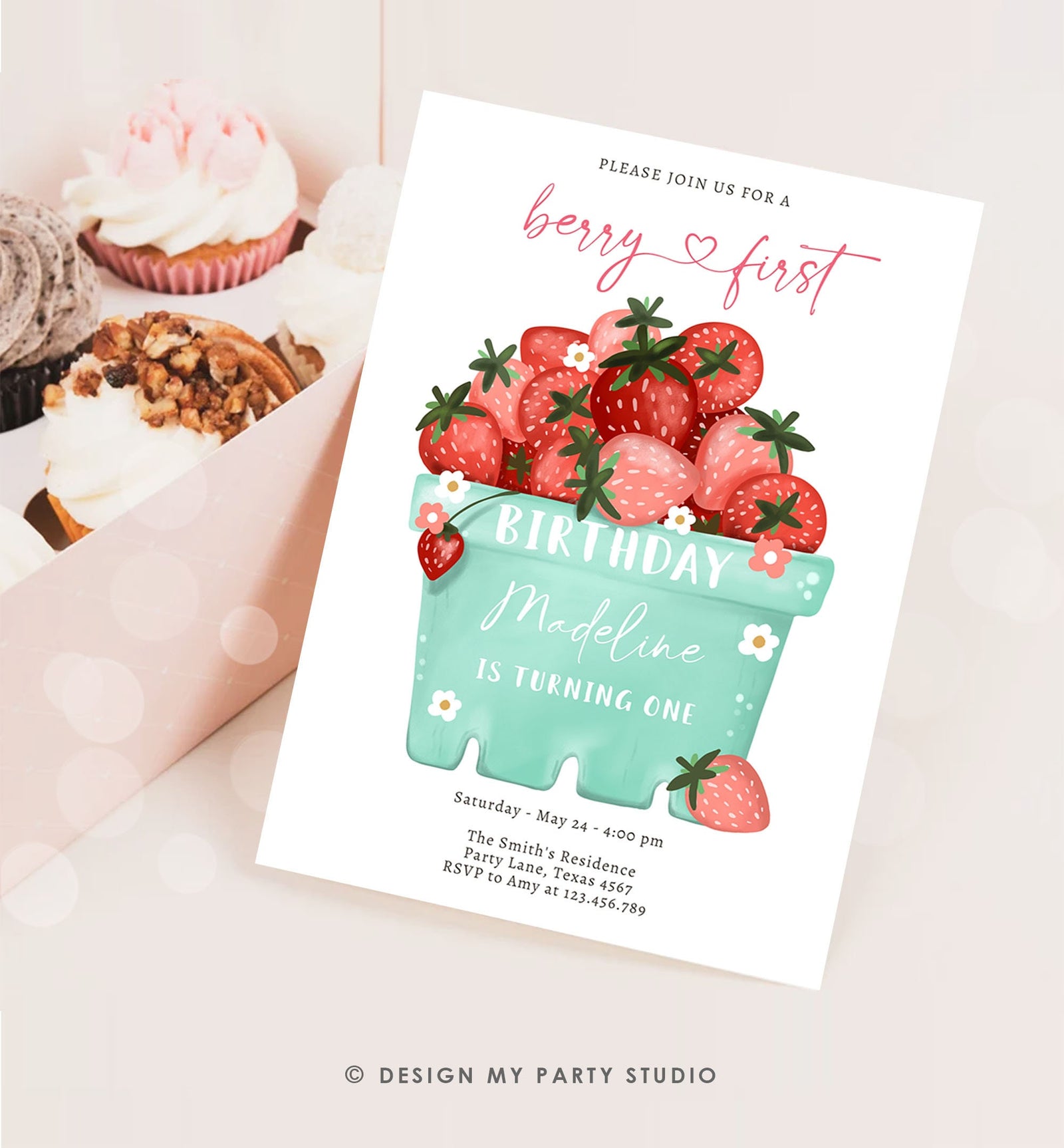Editable Strawberry Birthday Invitation First Birthday Berry Sweet Girl Cute Strawberries 1st Digital Download Template Printable 0506