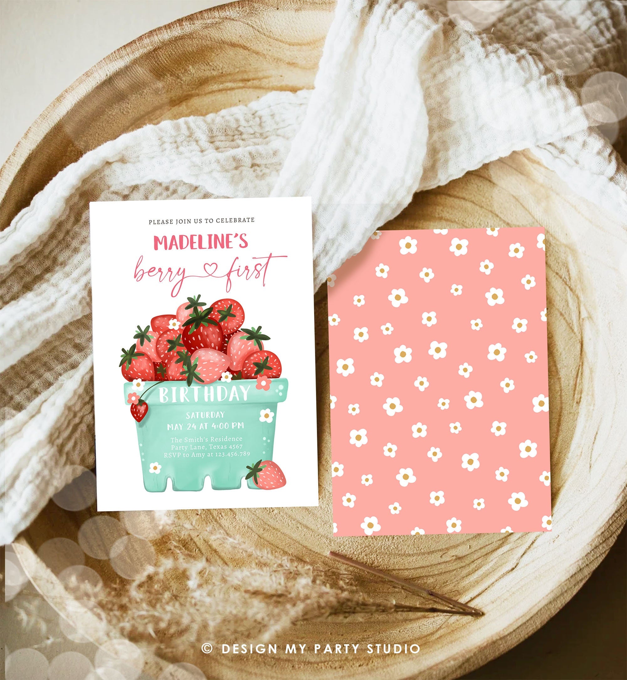 Editable Strawberry Birthday Invitation Berry First Birthday Berry Sweet Girl Strawberries 1 Digital Download Evite Template Printable 0506