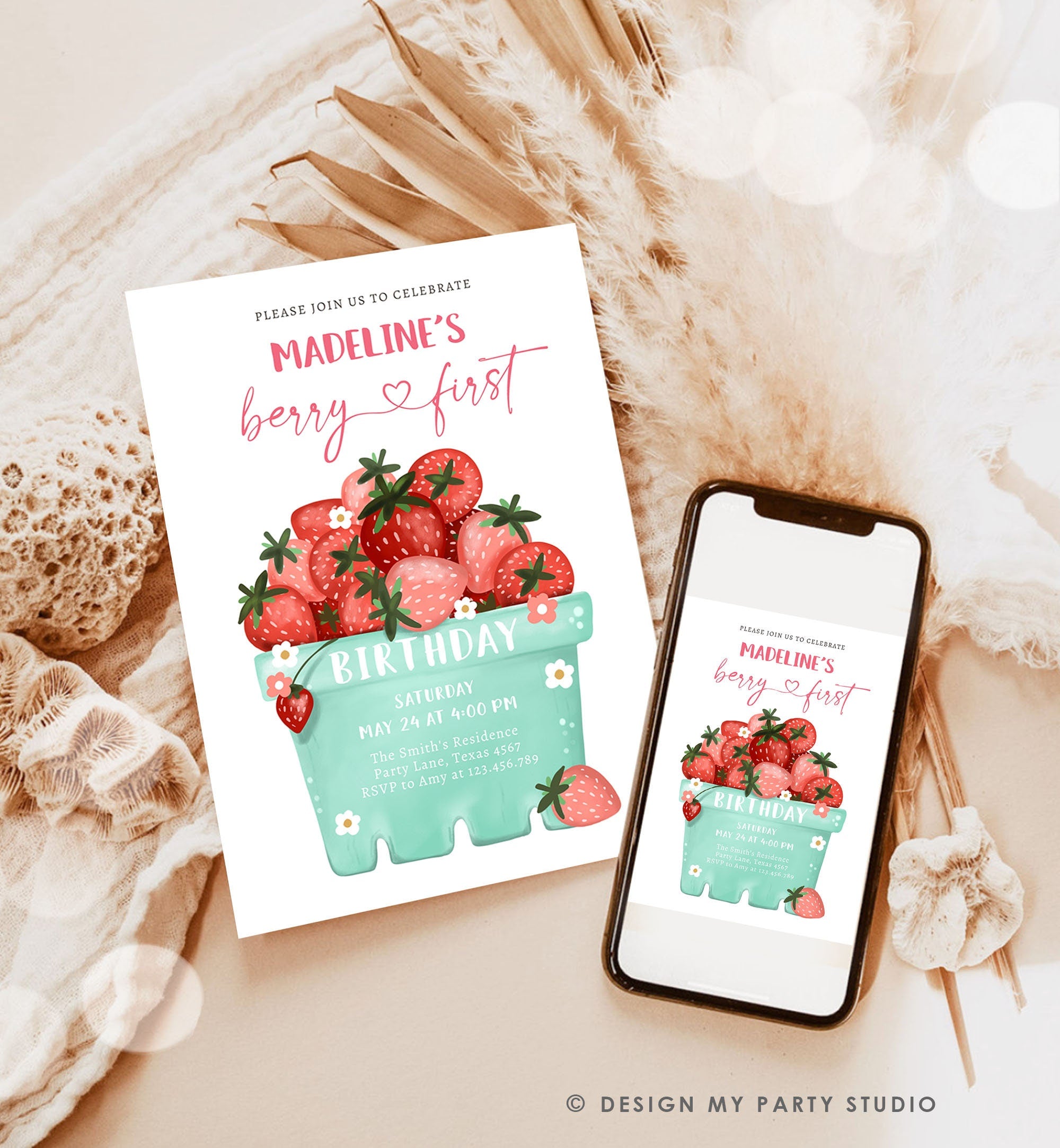 Editable Strawberry Birthday Invitation Berry First Berry Sweet Photo Strawberries 1 Digital Download Evite Template Printable 0506