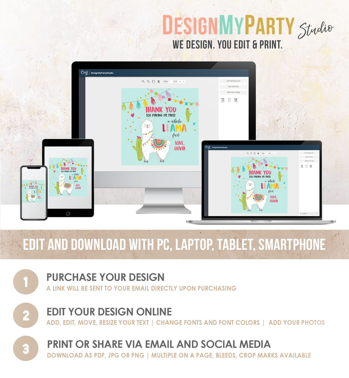 Editable Llama Thank You Favor Tags Baby Shower Llama Stickers Fiesta Cactus Alpaca Mexican Llama Birthday Girl Blue Corjl Template 0079