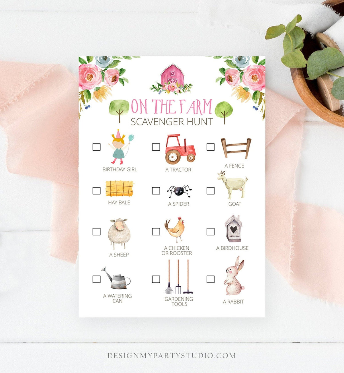 Editable Farm Scavenger Hunt Checklist Game Party Girl Farm Birthday Barnyard Party Nature Digital Download Corjl Template Printable 0155