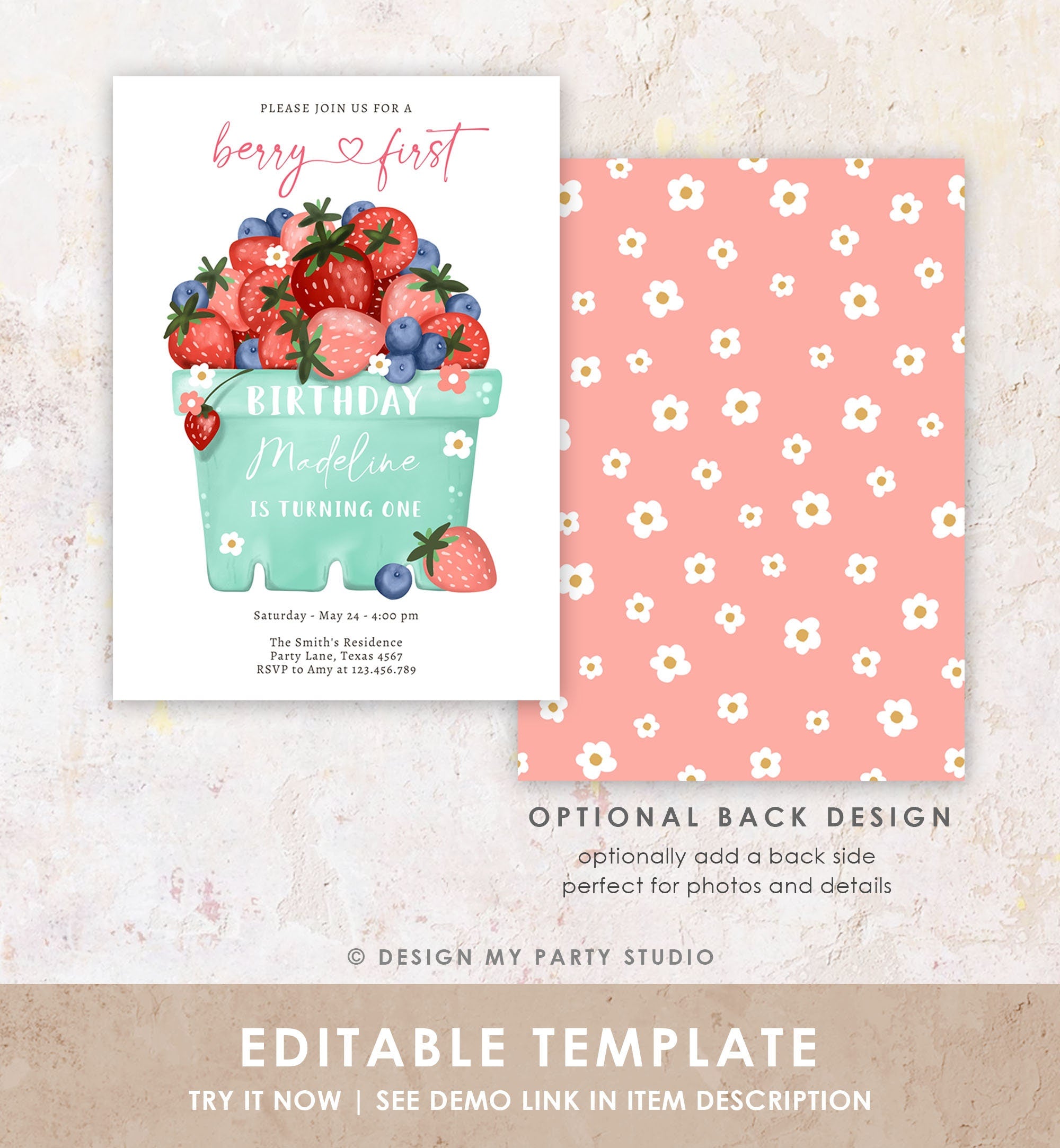 Editable Berry Sweet Birthday Invitation Blueberry Strawberry Picking Party Farmers Market Twin Digital Evite Template Printable 0506