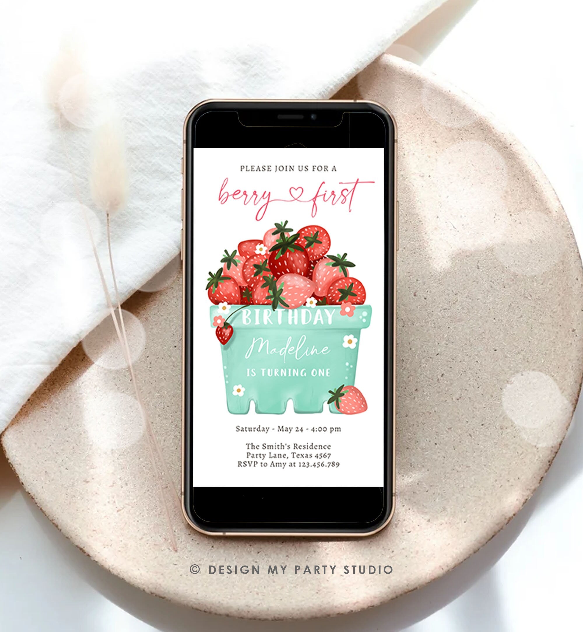 Editable Berry First Birthday Evite Electronic Strawberry Birthday Berry Sweet Strawberries 1st Digital Download Phone Template 0506