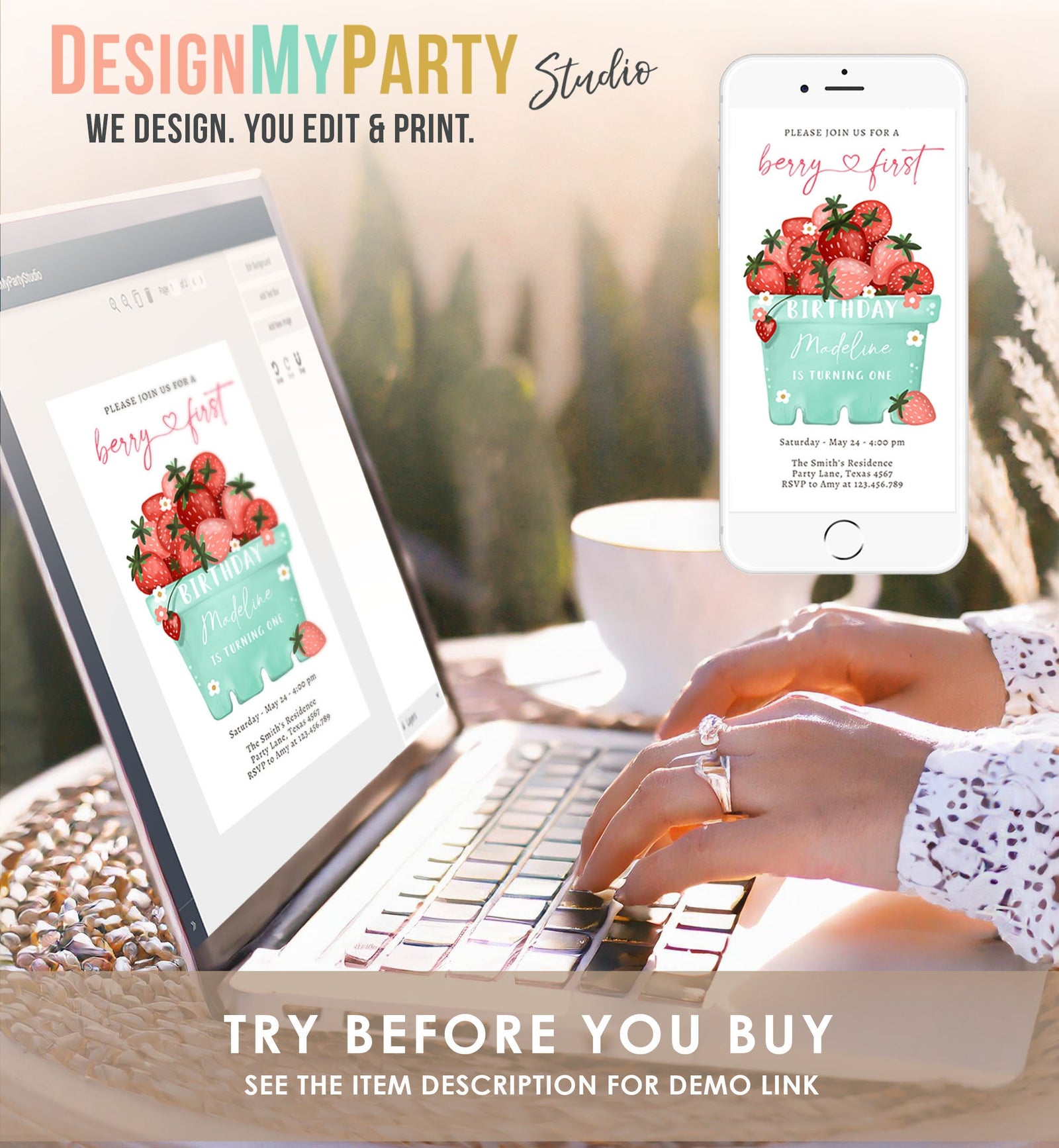 Editable Berry First Birthday Evite Electronic Strawberry Birthday Berry Sweet Strawberries 1st Digital Download Phone Template 0506