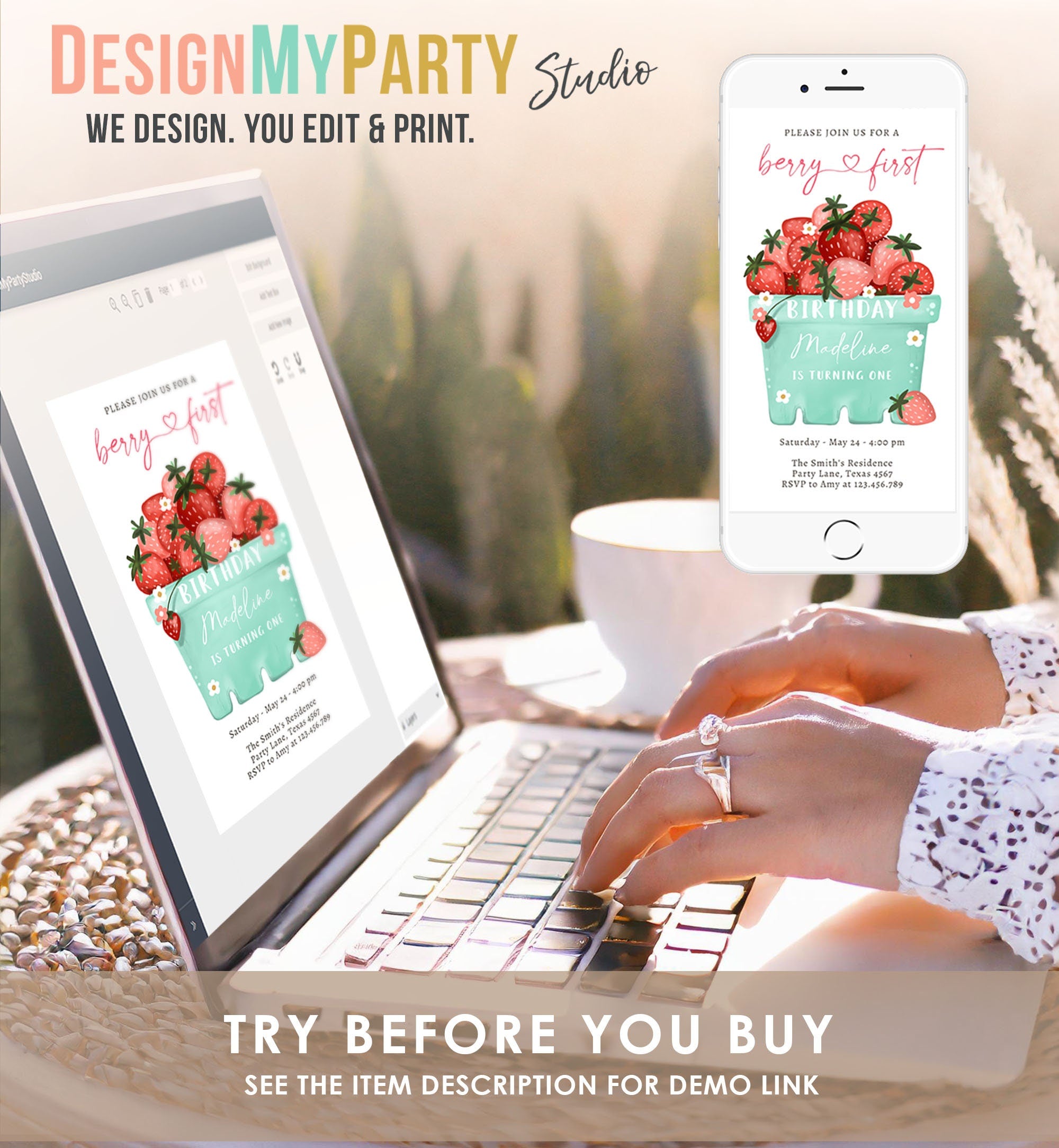 Editable Berry First Birthday Evite Electronic Strawberry Birthday Berry Sweet Strawberries 1st Digital Download Phone Template 0506