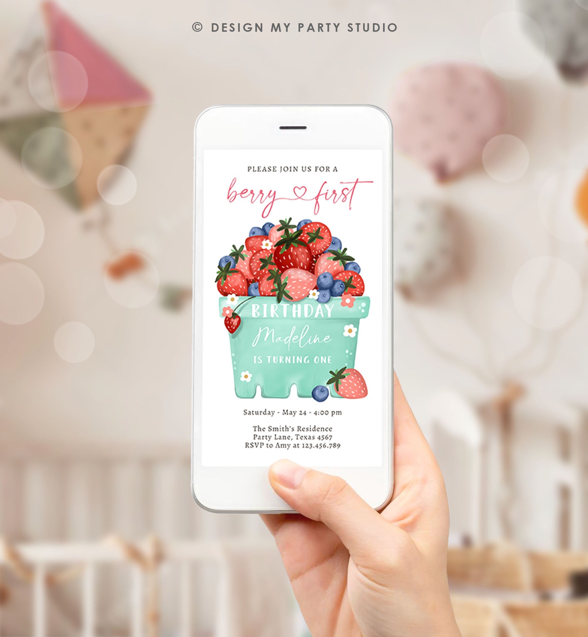 Editable Berry Sweet Birthday Evite Electronic Blueberry Strawberry Picking Party Farmers Market Phone Digital Download Template 0506