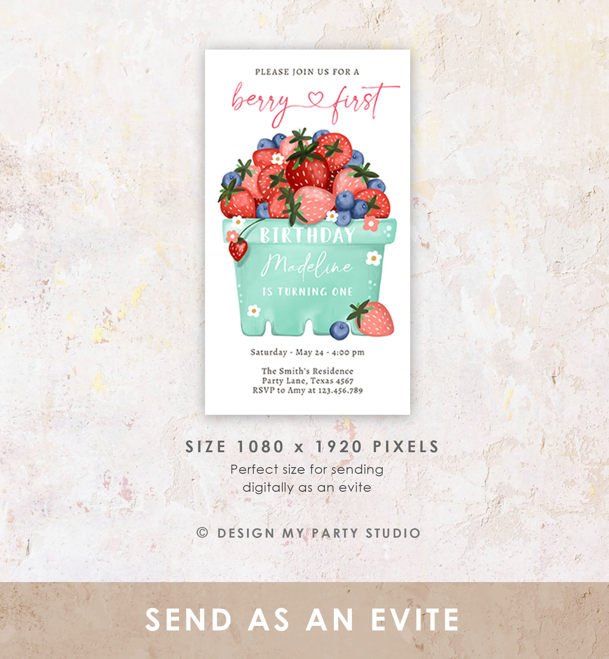 Editable Berry Sweet Birthday Evite Electronic Blueberry Strawberry Picking Party Farmers Market Phone Digital Download Template 0506