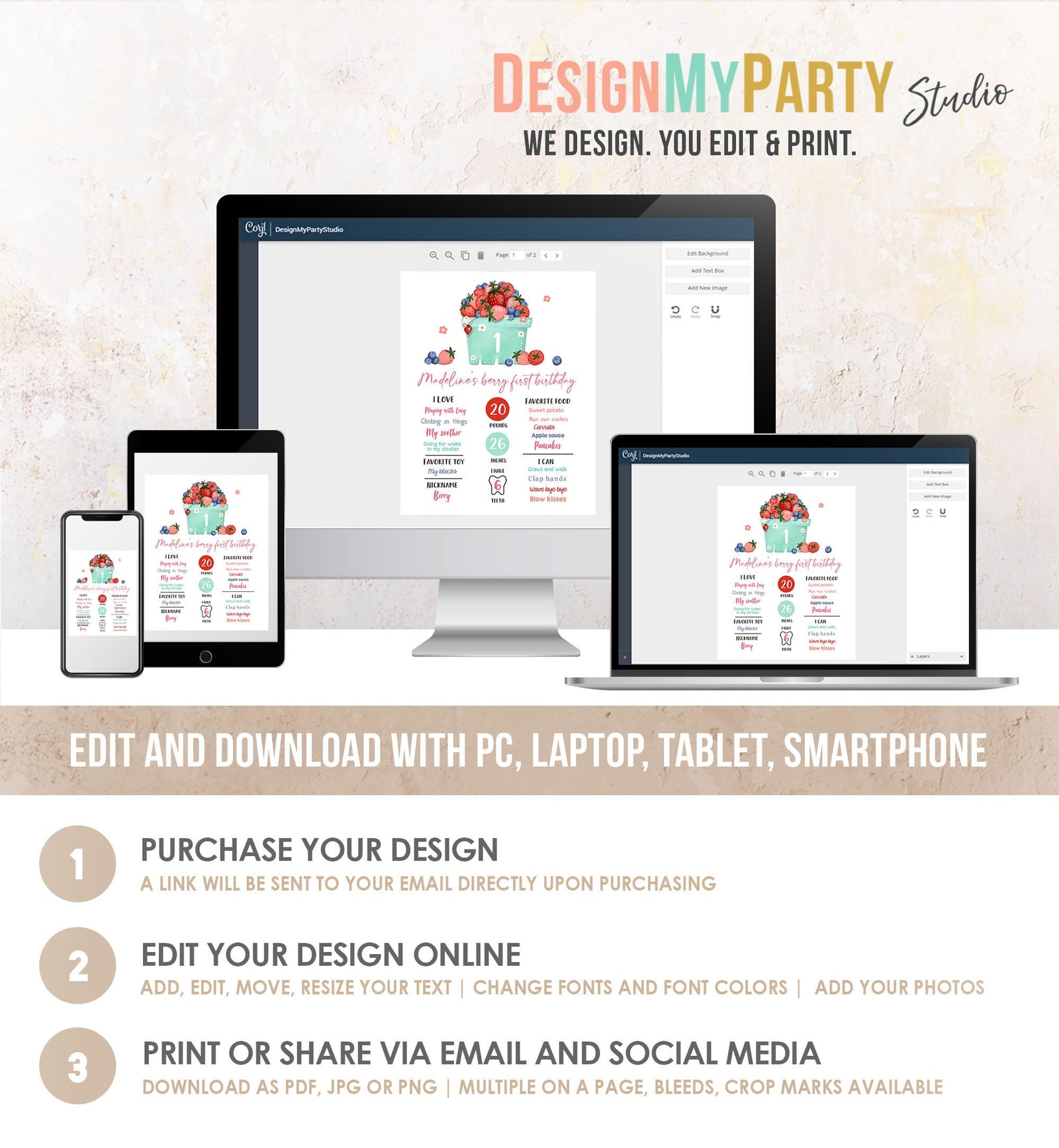 Editable Berry First Birthday Milestones Sign Strawberry Blueberry First Birthday Girl Farmers Market Download Template Printable Corjl 0506