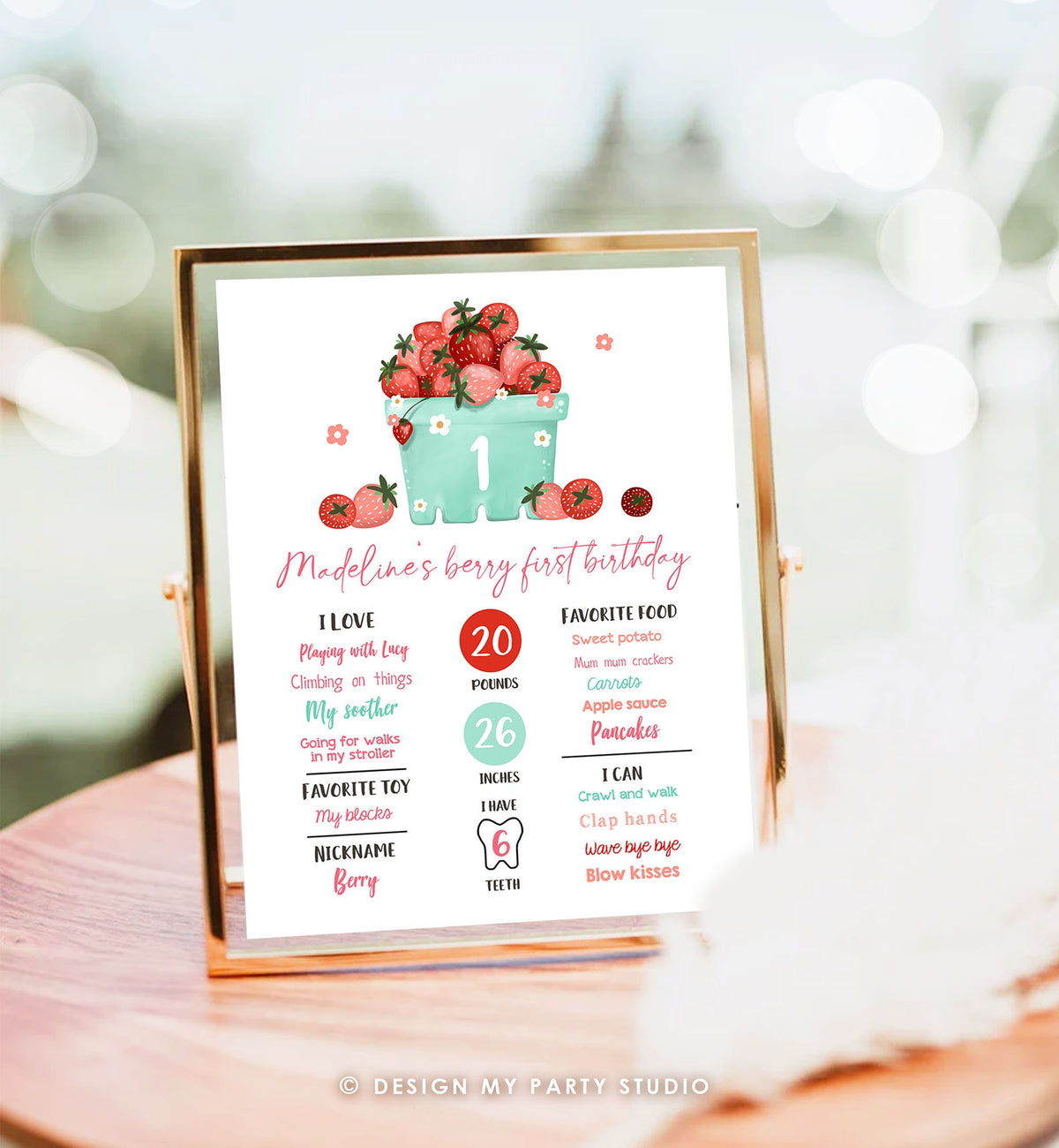 Editable Strawberry Birthday Milestones Sign Strawberry First Birthday Girl Strawberries Watercolor Digital Download Template Printable 0506
