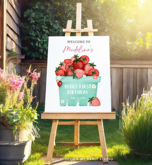 Editable Strawberry Welcome Sign Strawberry Birthday Party Welcome Farmers Market Girl Berry First Berry Sweet Template PRINTABLE Corjl 0506