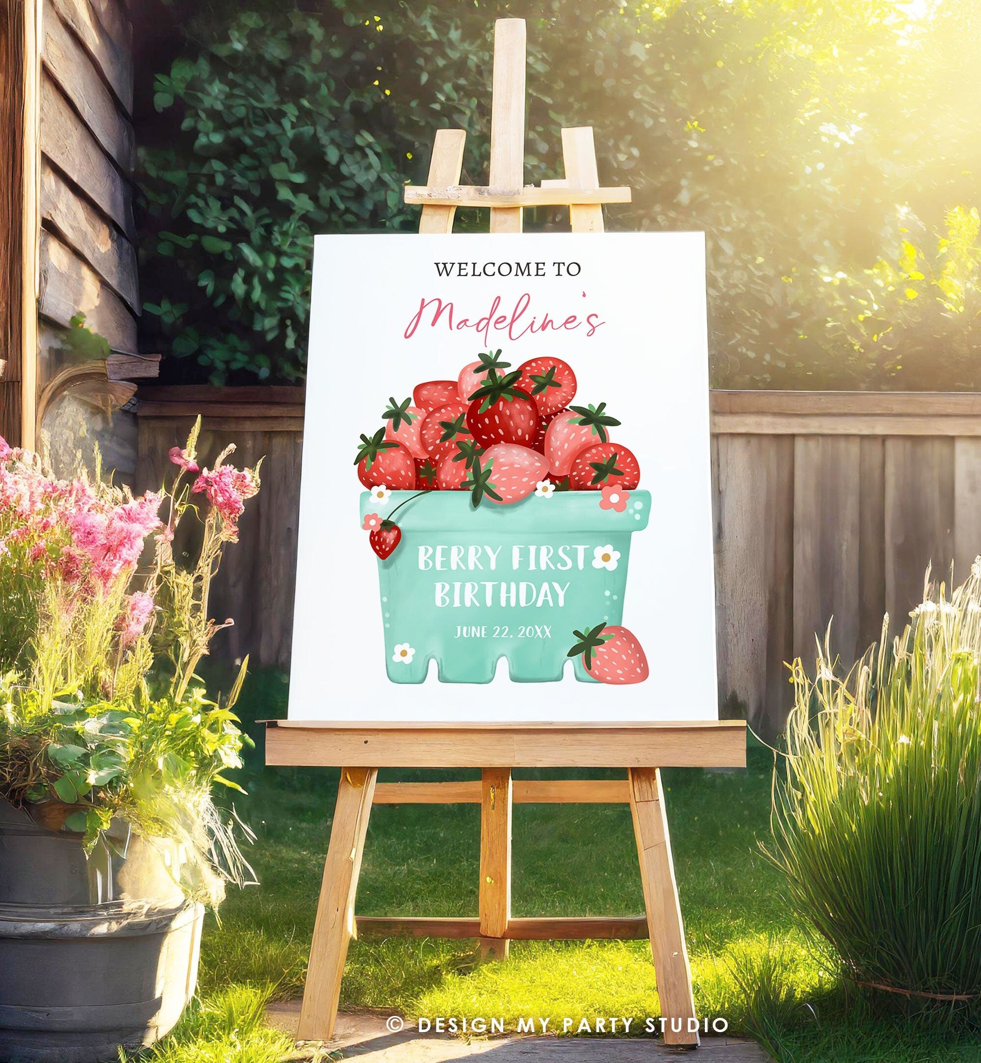 Editable Strawberry Welcome Sign Strawberry Birthday Party Farmers Market Girl Berry First Berry Sweet Digital Template Printable 0506