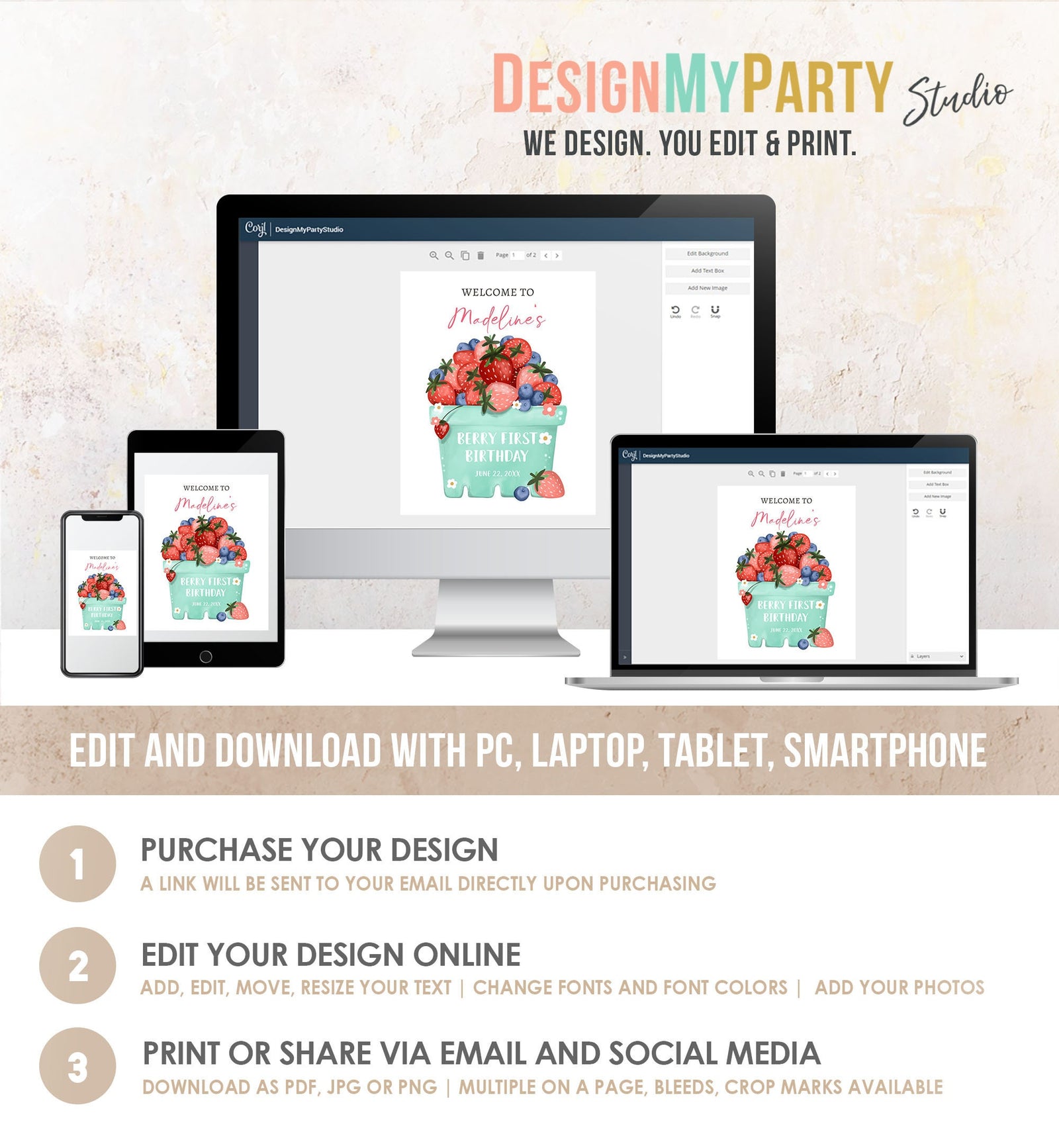 Editable Berry First Birthday Welcome Sign Strawberry Blueberry Party Welcome Farmers Market Berry Sweet Digital Template Printable 0506