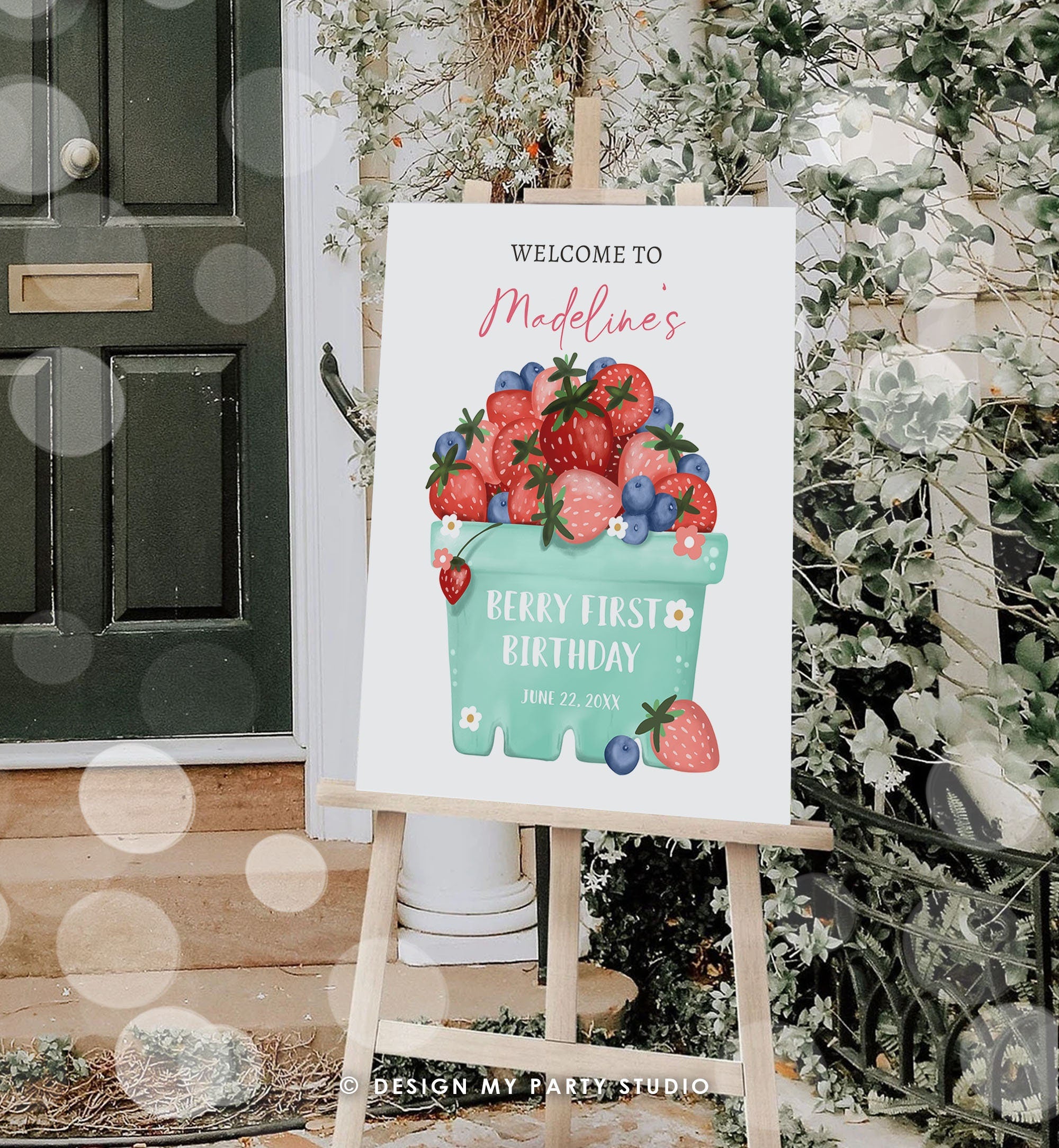 Editable Berry First Birthday Welcome Sign Strawberry Blueberry Party Welcome Farmers Market Berry Sweet Digital Template Printable 0506