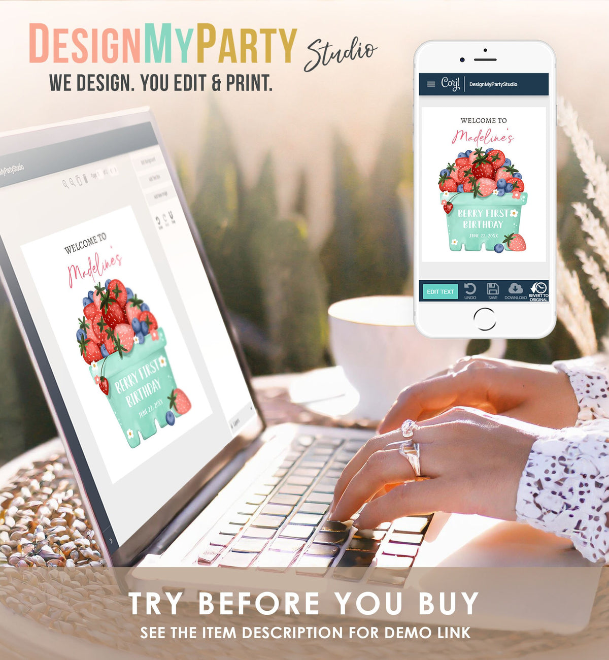 Editable Berry First Birthday Welcome Sign Strawberry Blueberry Party Welcome Farmers Market Berry Sweet Digital Template Printable 0506