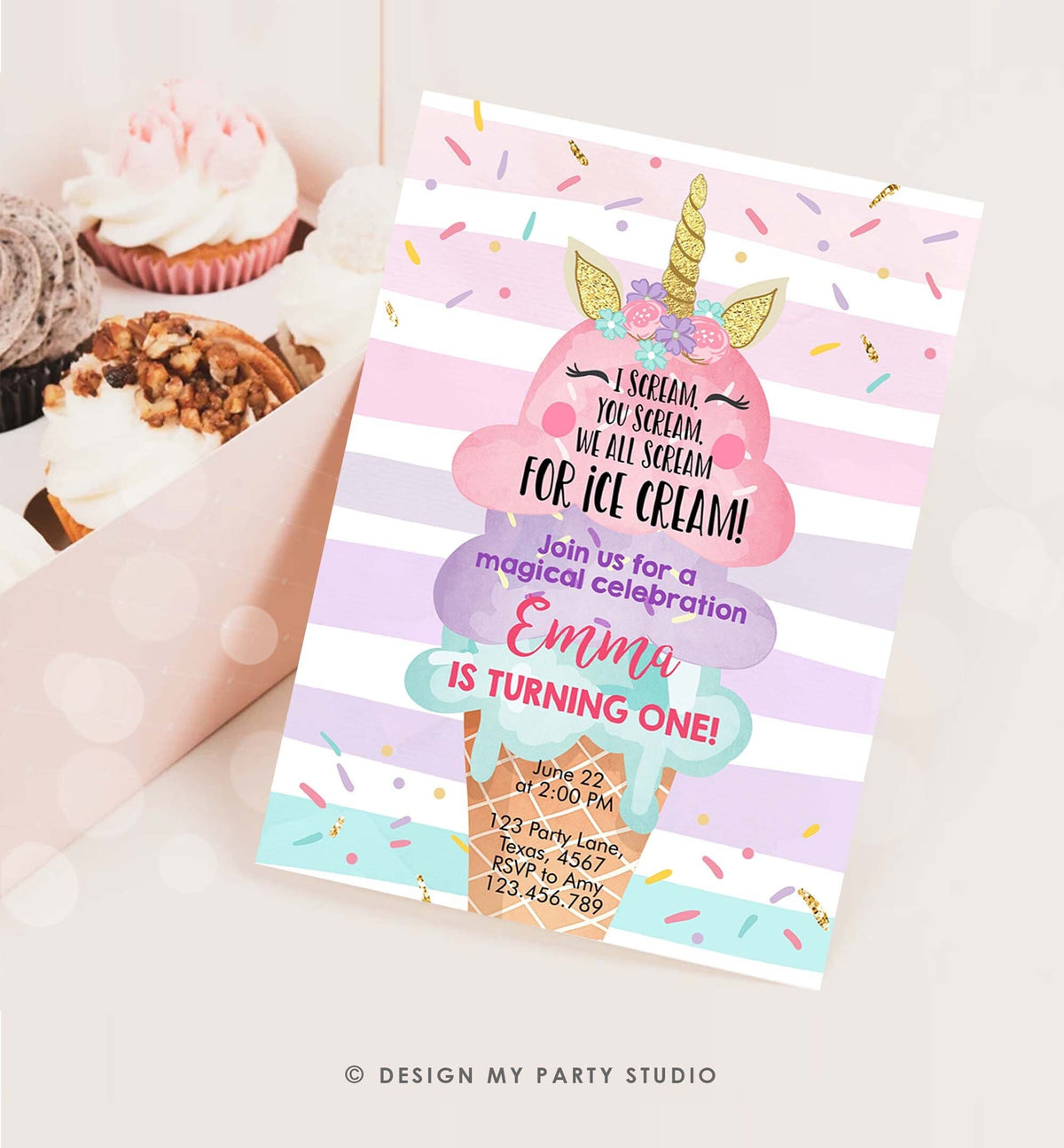 Editable Unicorn Ice Cream Birthday Invitation 1st Birthday Party Here's the Scoop Cone Rainbow Magical First Printable Template Corjl 0243