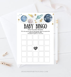 Editable Baby Bingo Baby Shower Game Outer Space Planets Houston We Have a Boy Rocket Gold Neutral Activity Corjl Template Printable 0357