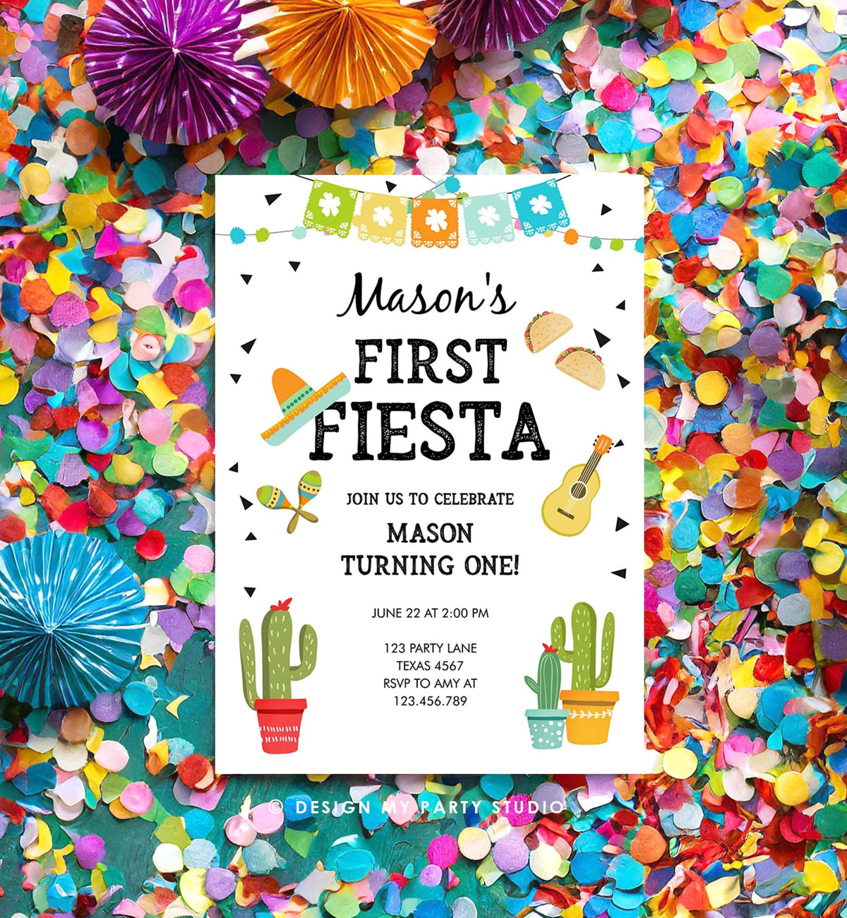 Editable First Fiesta Birthday Invitation Boy 1st Fiesta Taco Sombrero Blue Party Mexican Digital Download Evite Template Printable0161