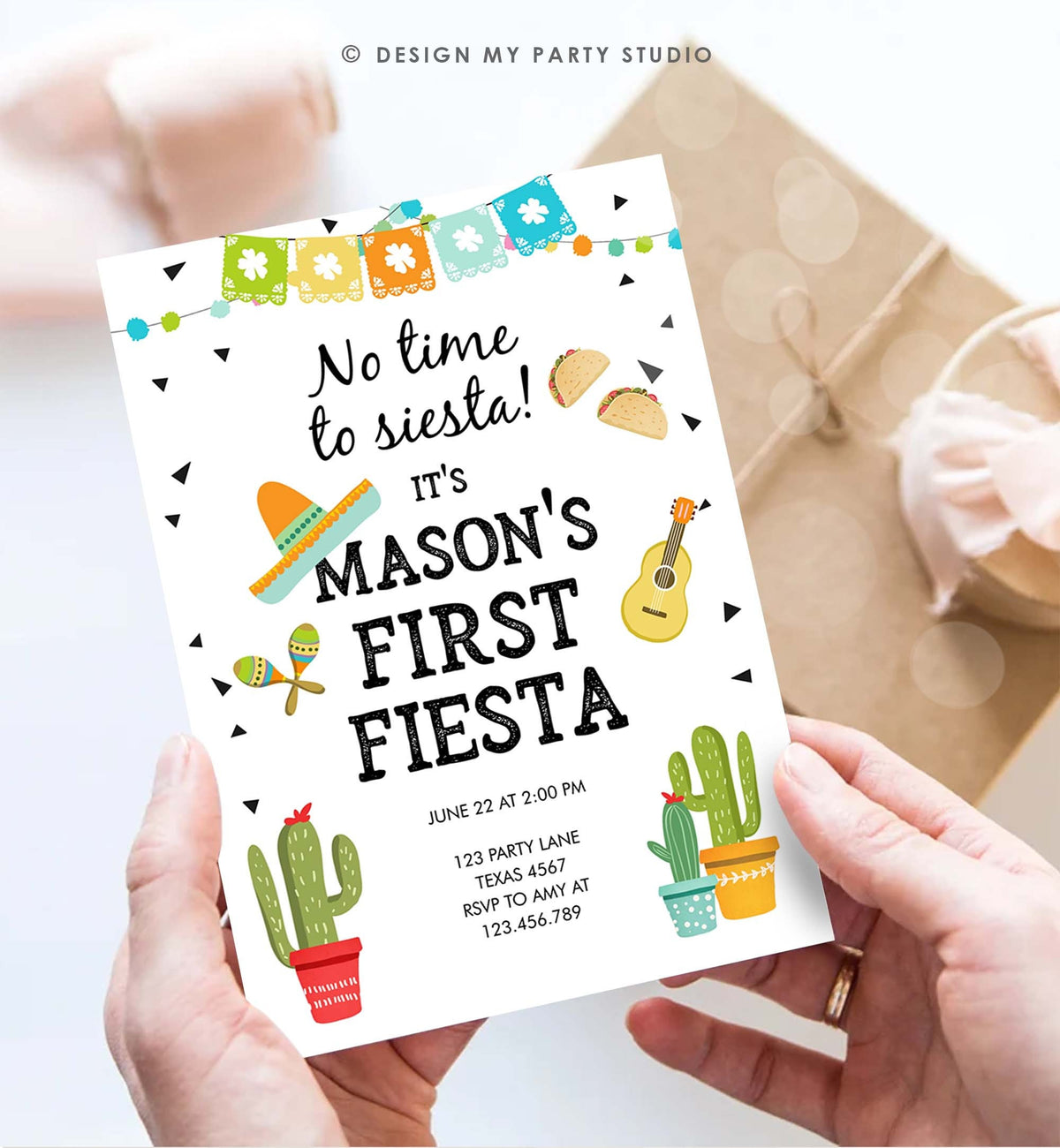 Editable First Fiesta Birthday Invitation Boy 1st Fiesta Taco Sombrero No Time to Siesta Download Printable Invitation Template Corjl 0161