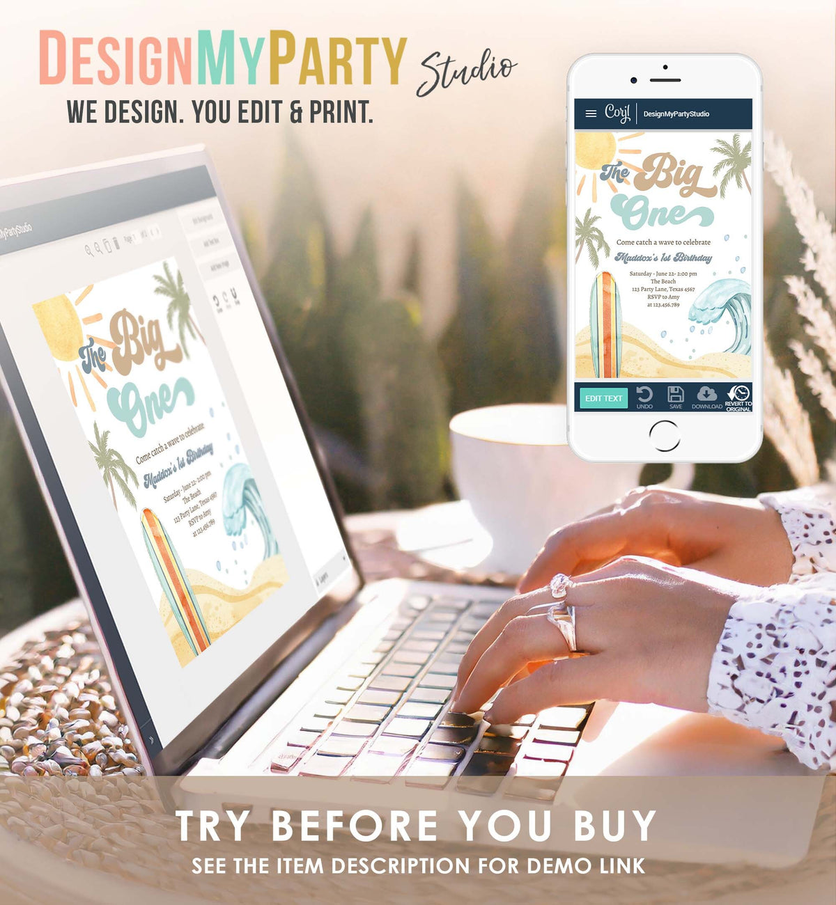 Editable The Big One Surf 1st Birthday Invitation Retro Surfboard Beach Party Wave Surfer Boho Digital Download Template Printable 0433