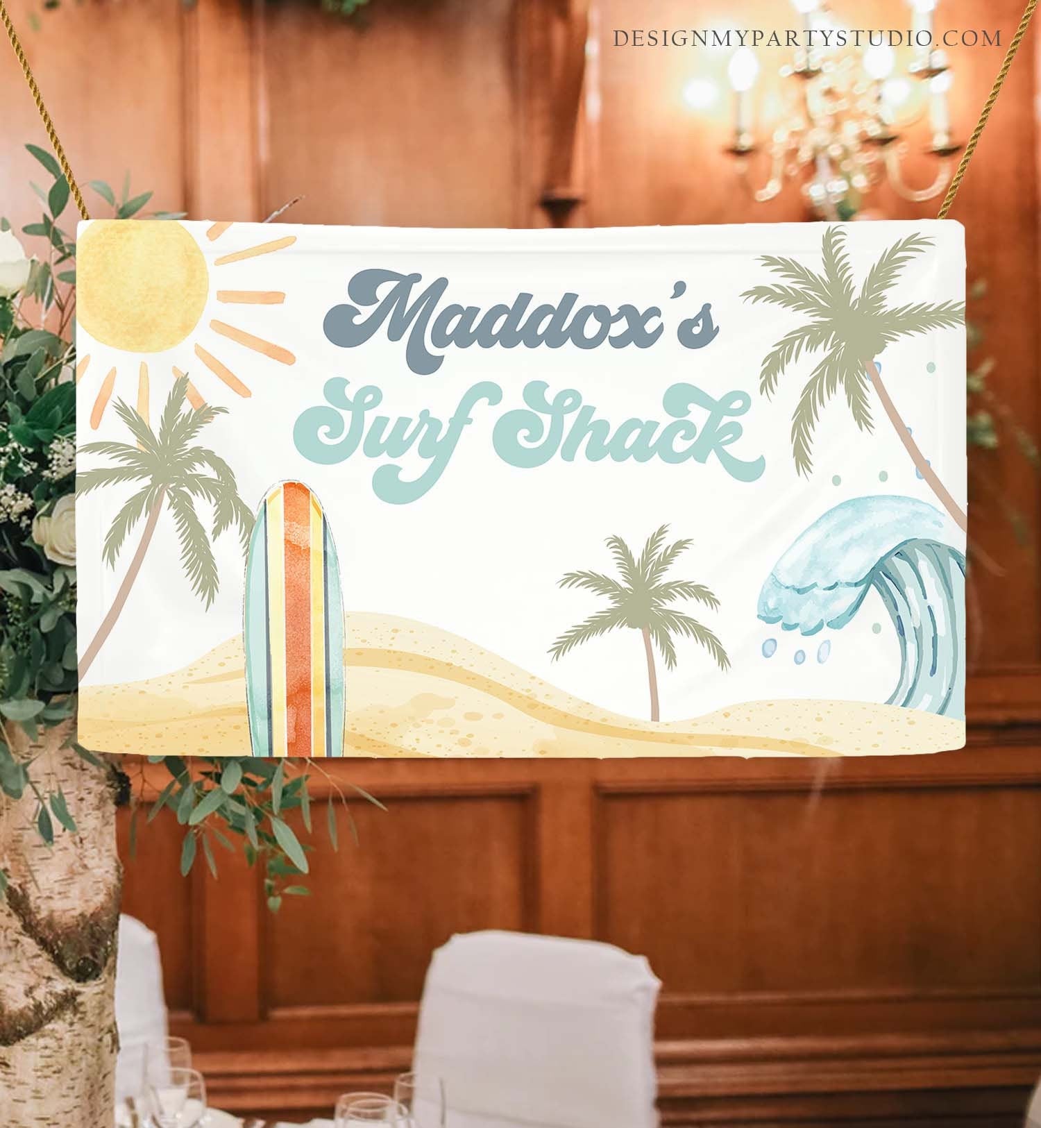 Editable Surf Birthday Backdrop Banner Surfing Birthday Boy First Beach The Big One Surf Shack Download Corjl Template Printable 0433