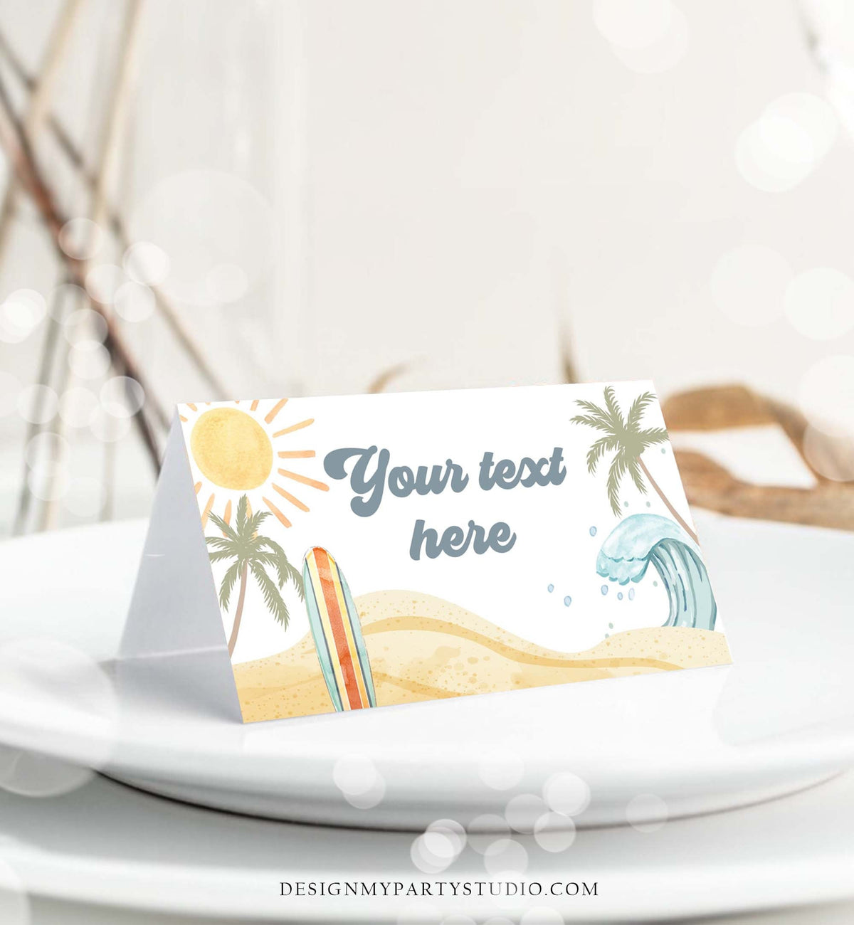 Editable Surf Food Labels Surfboard Birthday Place Card Tent Buffet Beach Party The Big One Retro Boy Digital Template Printable 0433
