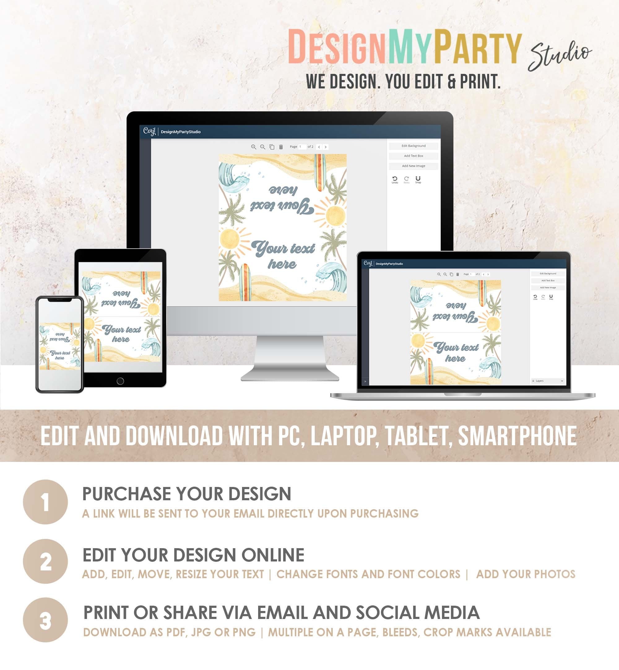 Editable Surf Food Labels Surfboard Birthday Place Card Tent Buffet Beach Party The Big One Retro Boy Digital Template Printable 0433