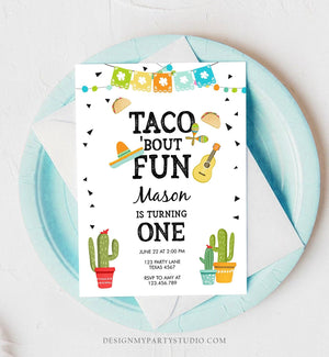 Editable Taco Bout Fun Birthday Invitation Boy First Fiesta Cactus Sombrero Blue Instant Download Printable Invitation Template Corjl 0161