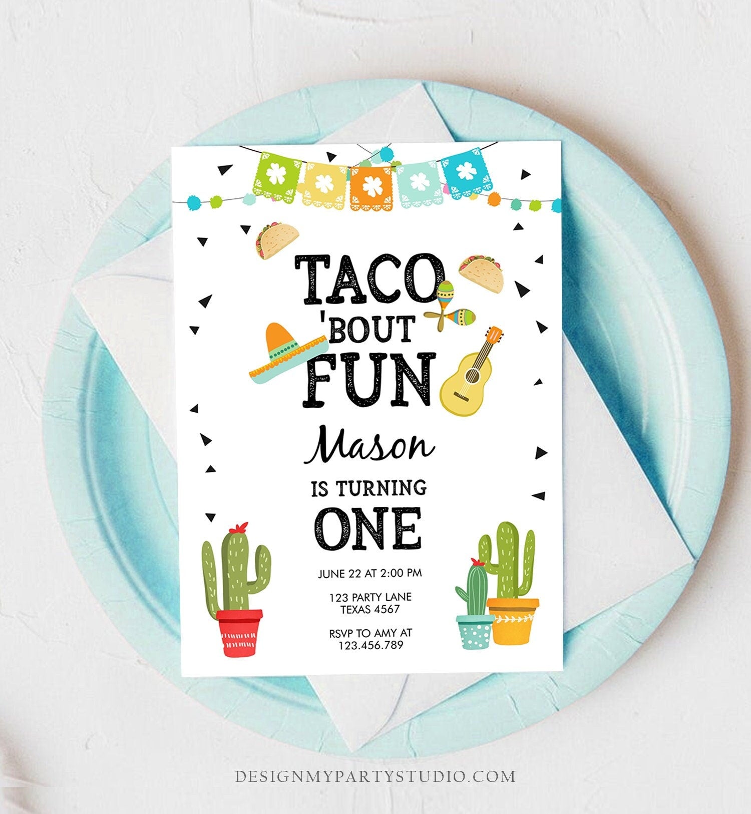 Editable Taco Bout Fun Birthday Invitation Boy First Fiesta Cactus Sombrero Blue Instant Download Printable Invitation Template Corjl 0161