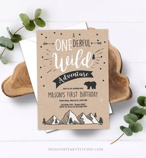 Editable A Onederful Wild Adventure First Birthday Invitation Brown Wild Things Boy Mountains Bear Outdoor Hunter Green Corjl Template 0083