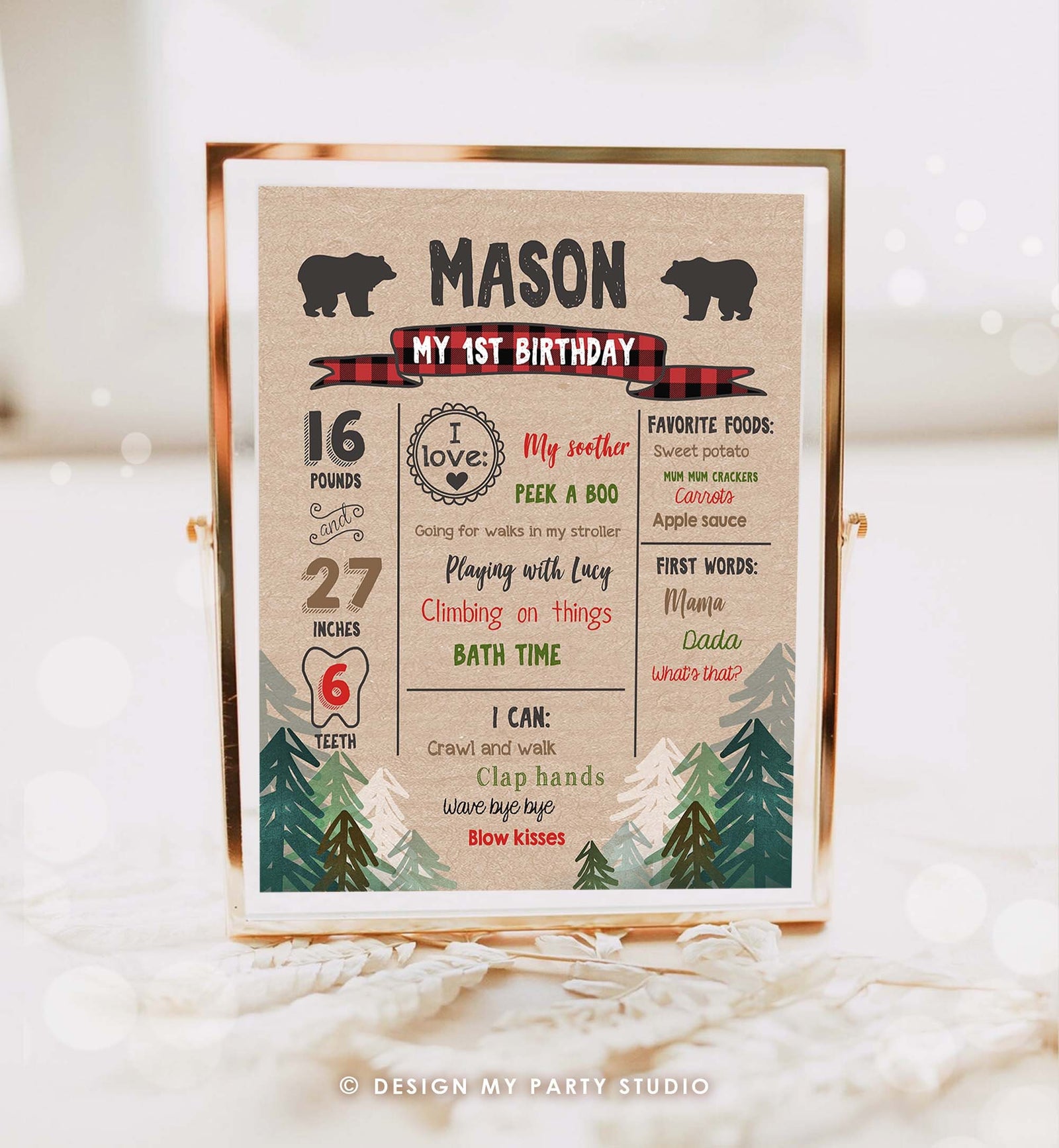 Editable Lumberjack Birthday Milestones Sign Pine Tree Poster Infographic Buffalo Plaid 1st Birthday Bear Digital Template Printable 0026