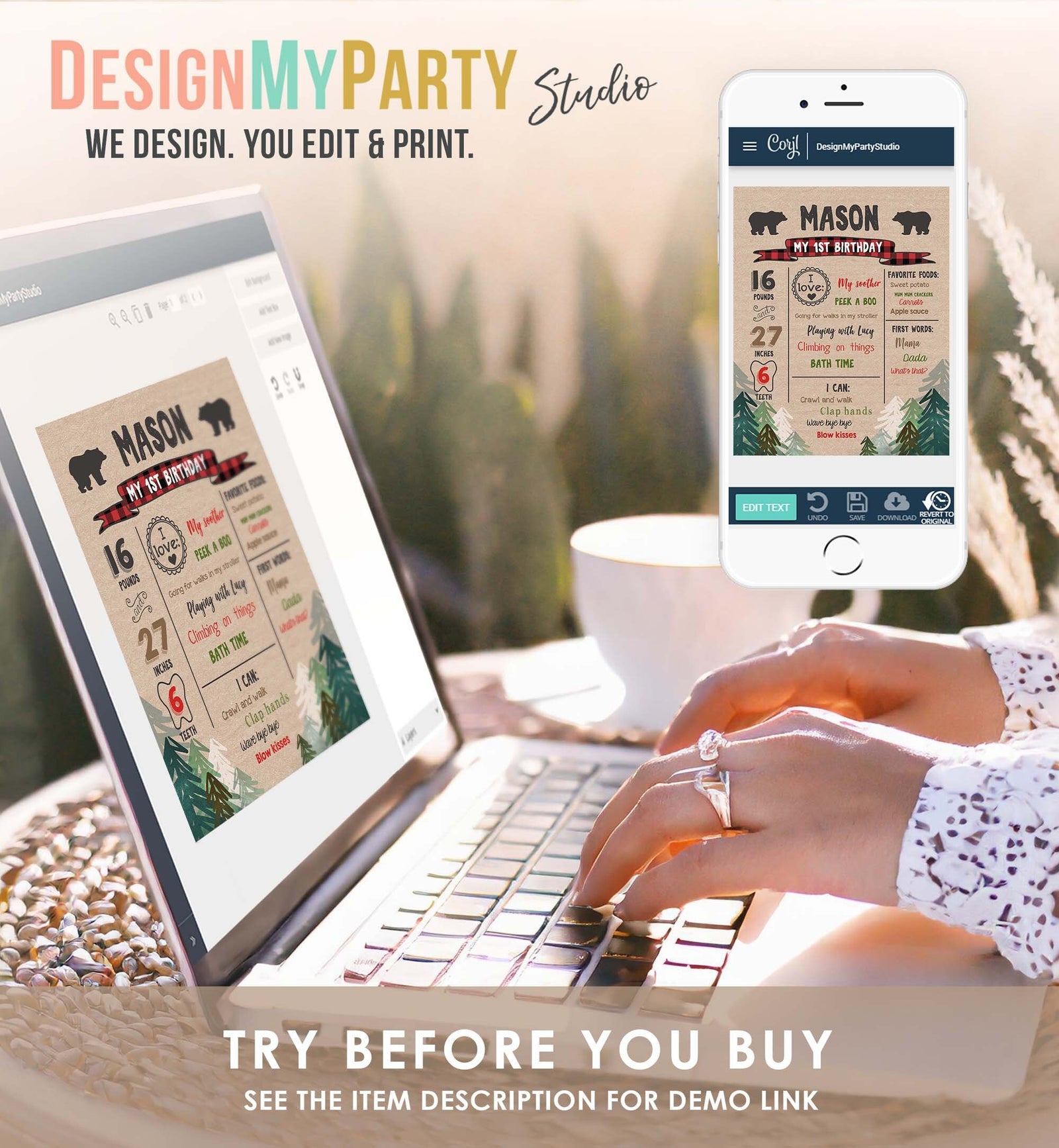 Editable Lumberjack Birthday Milestones Sign Pine Tree Poster Infographic Buffalo Plaid 1st Birthday Bear Digital Template Printable 0026