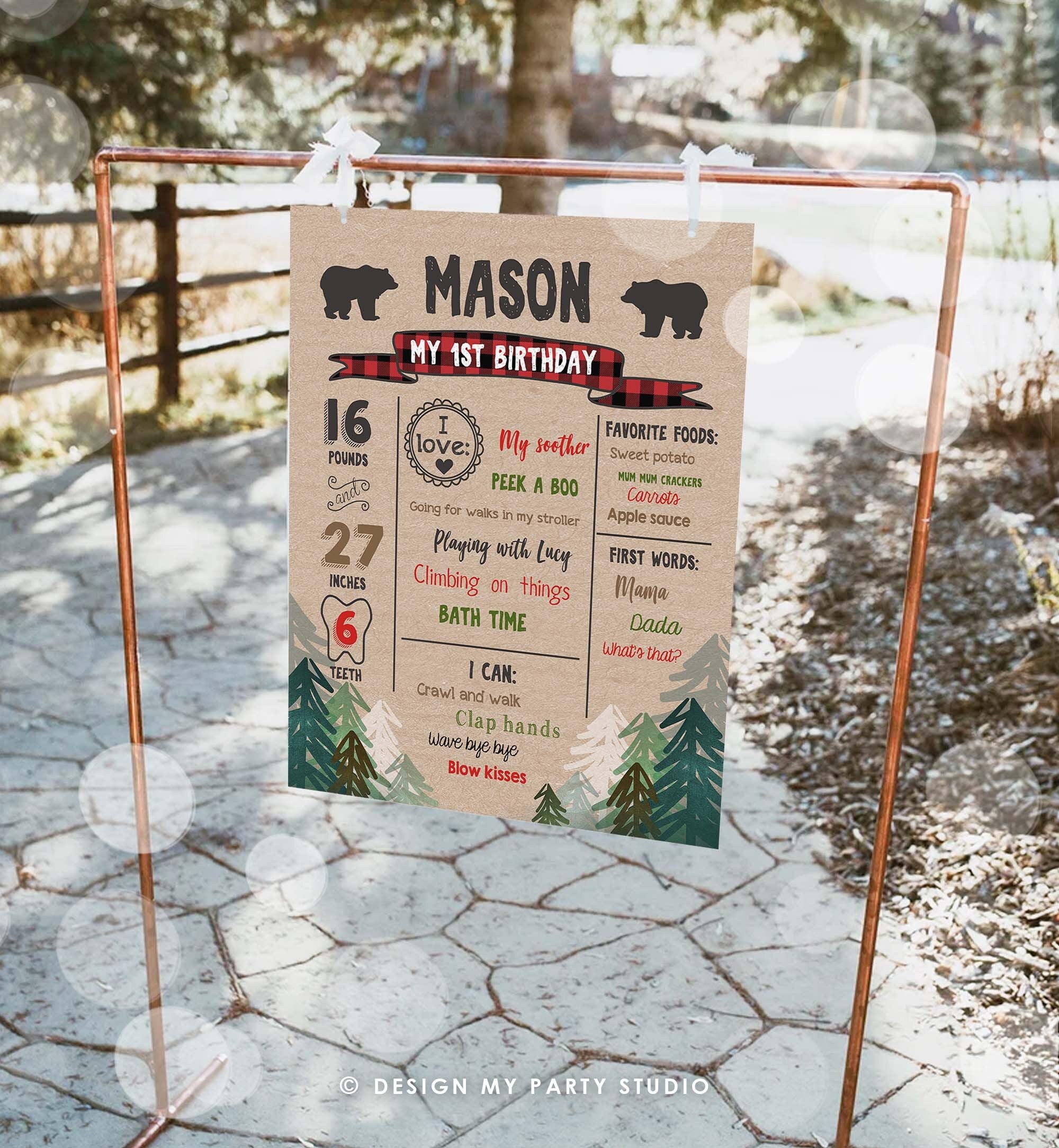 Editable Lumberjack Birthday Milestones Sign Pine Tree Poster Infographic Buffalo Plaid 1st Birthday Bear Digital Template Printable 0026