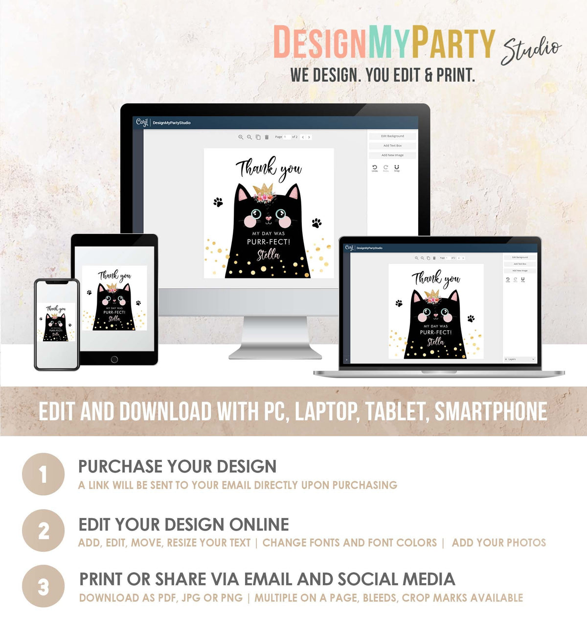 Editable Kitten Party Favor Tags Kitty Birthday Thank you Tags Round Cat Party Gift tags Girl Pink Purr-fect Digital Template Printable 0381