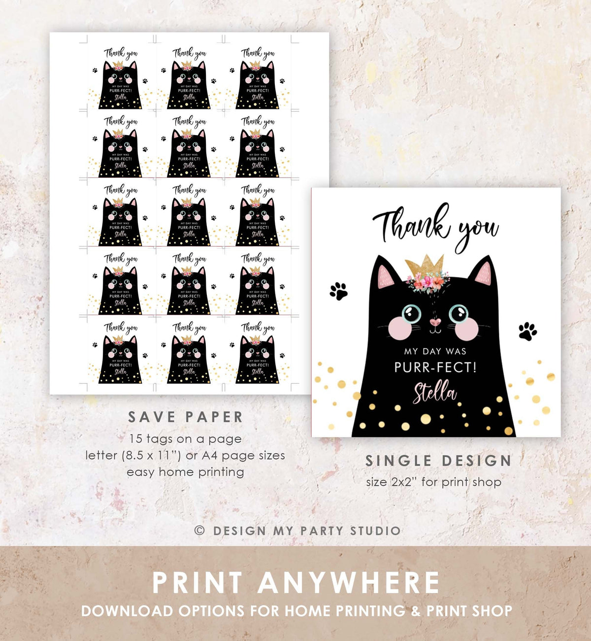 Editable Kitten Party Favor Tags Kitty Birthday Thank you Tags Round Cat Party Gift tags Girl Pink Purr-fect Digital Template Printable 0381