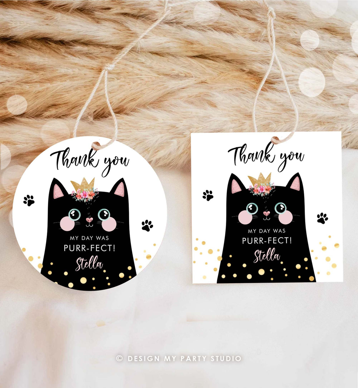 Editable Kitten Party Favor Tags Kitty Birthday Thank you Tags Round Cat Party Gift tags Girl Pink Purr-fect Digital Template Printable 0381