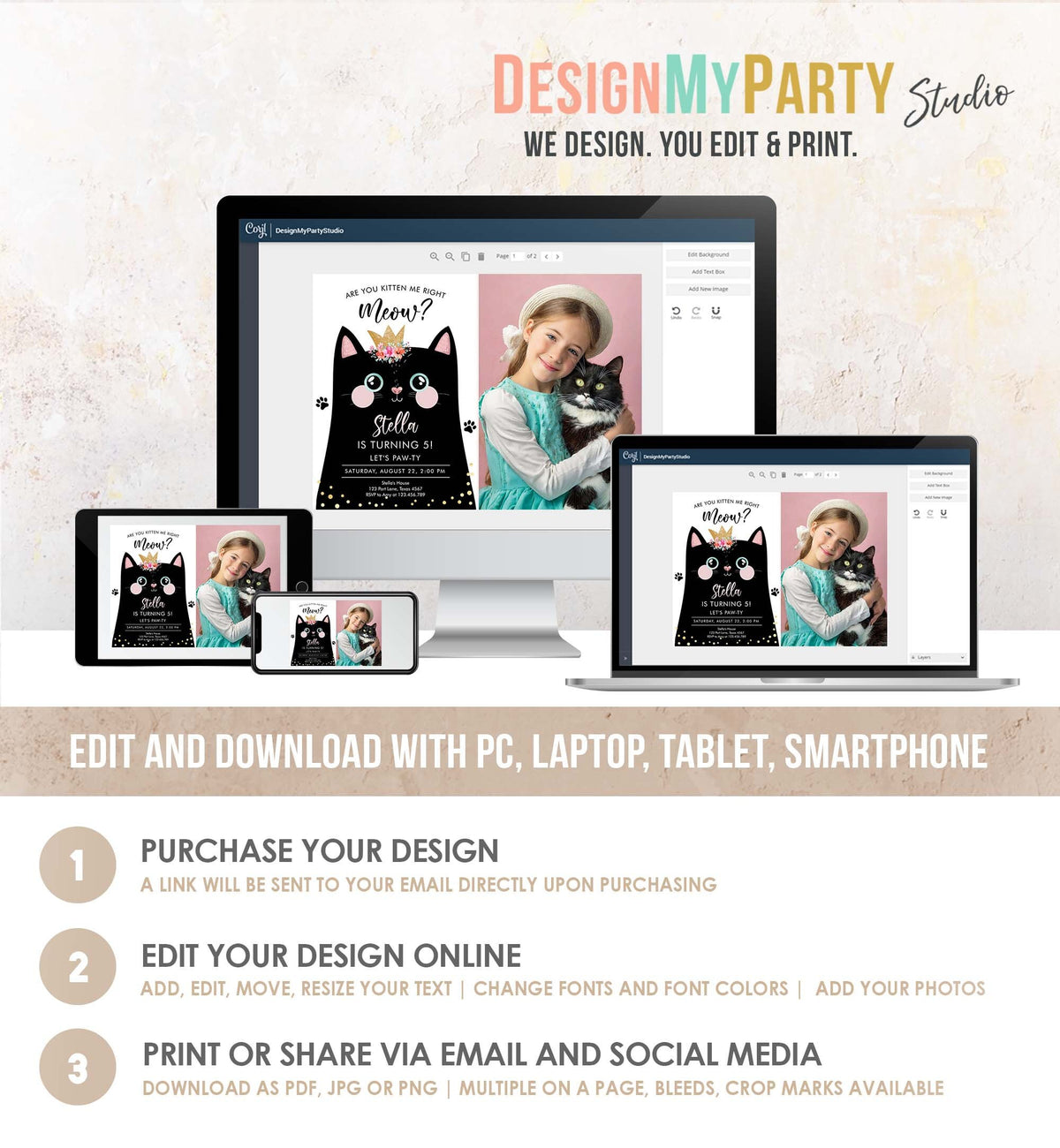 Editable Kitten Birthday Invitation Kitty Cat birthday Party Cat Invite Are You Kitten Me Black Girl Download Evite Template Printable 0381