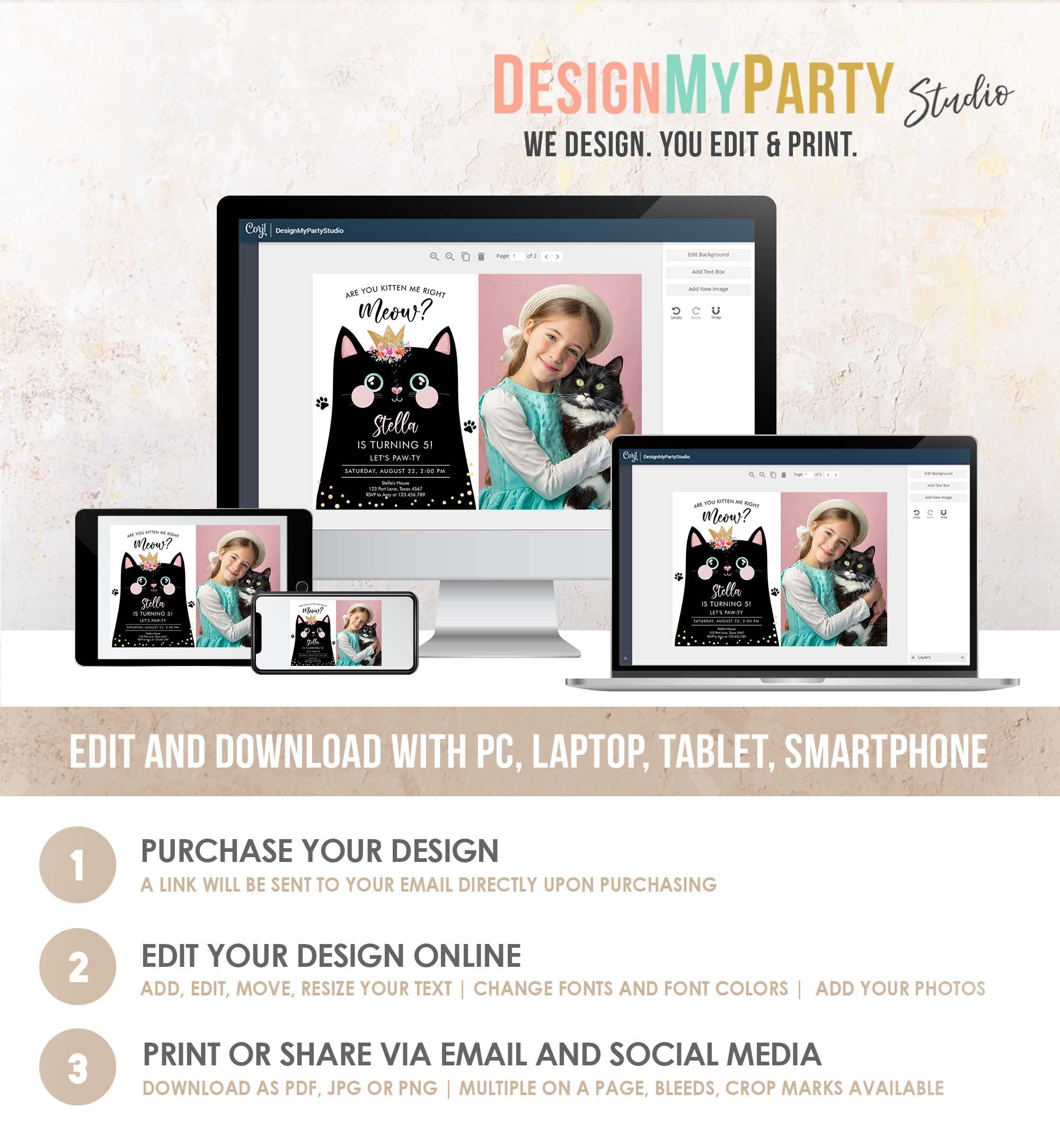 Editable Kitten Birthday Invitation Kitty Cat birthday Party Cat Invite Are You Kitten Me Black Girl Download Evite Template Printable 0381