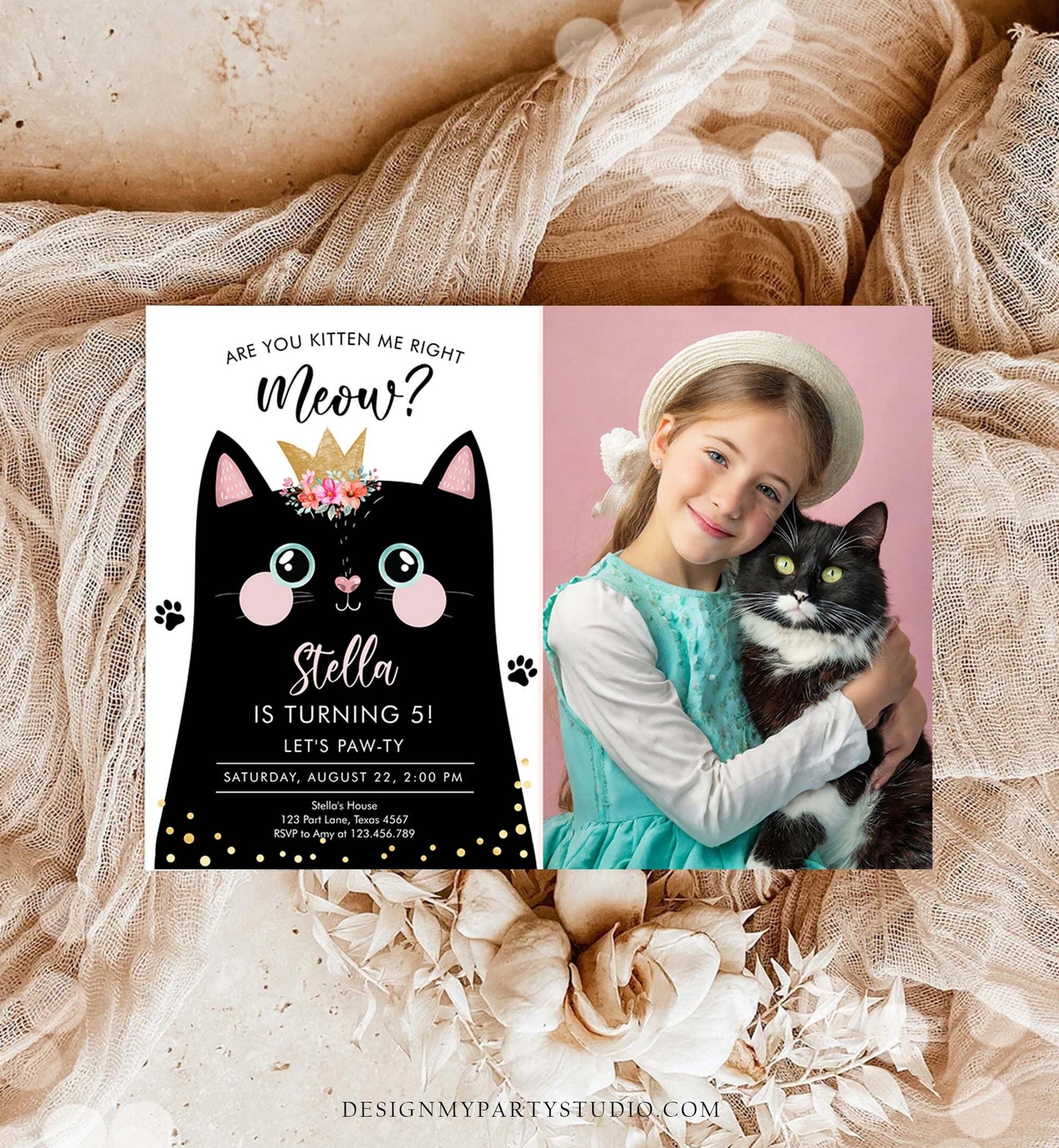 Editable Kitten Birthday Invitation Kitty Cat birthday Party Cat Invite Are You Kitten Me Black Girl Download Evite Template Printable 0381