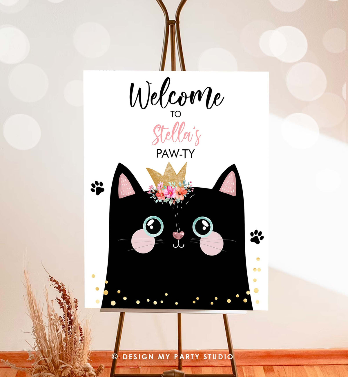 Editable Kitten Birthday Welcome Sign Pawty Sign Cat Birthday Welcome Kitty Animal Kitten Meow Black Cat Girl Template PRINTABLE Corjl 0381
