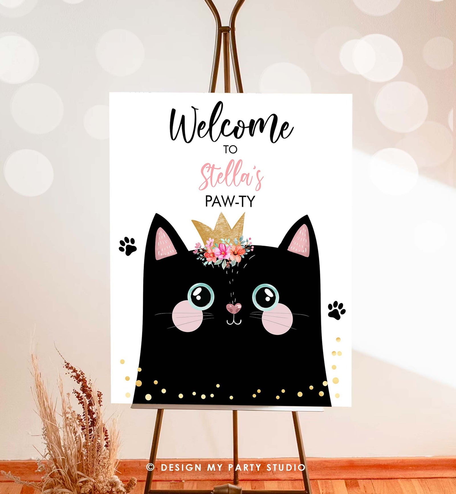 Editable Kitten Birthday Welcome Sign Pawty Sign Cat Birthday Welcome Kitty Animal Kitten Meow Black Cat Girl Template PRINTABLE Corjl 0381