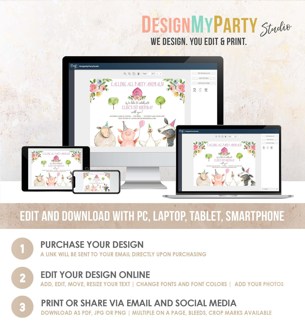 Editable Farm Animals Birthday Invitation Girl Party Animals Pink Barn Barnyard Birthday Digital Download Evite Template Printable 0155