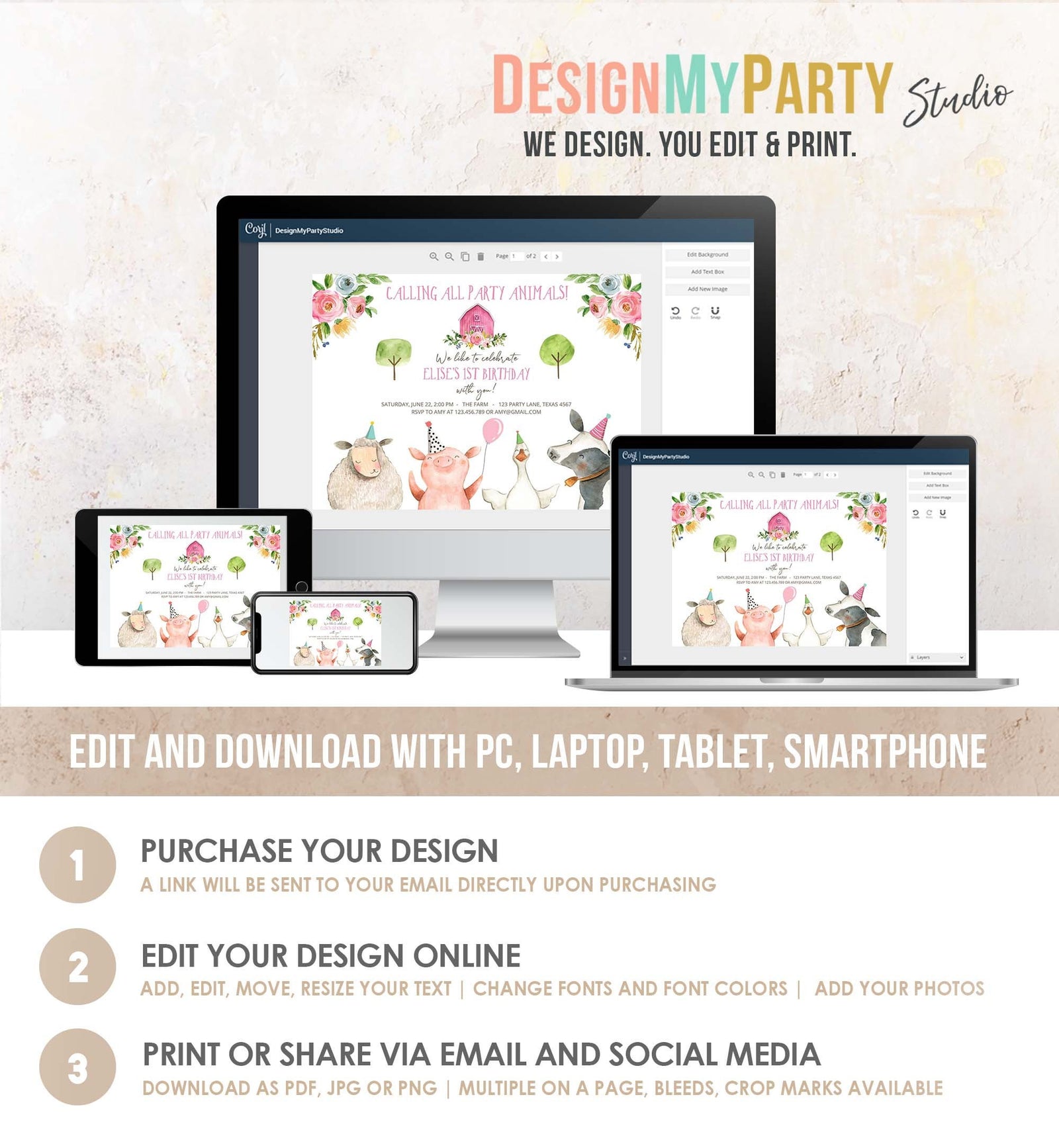 Editable Farm Animals Birthday Invitation Girl Party Animals Pink Barn Barnyard Birthday Digital Download Evite Template Printable 0155